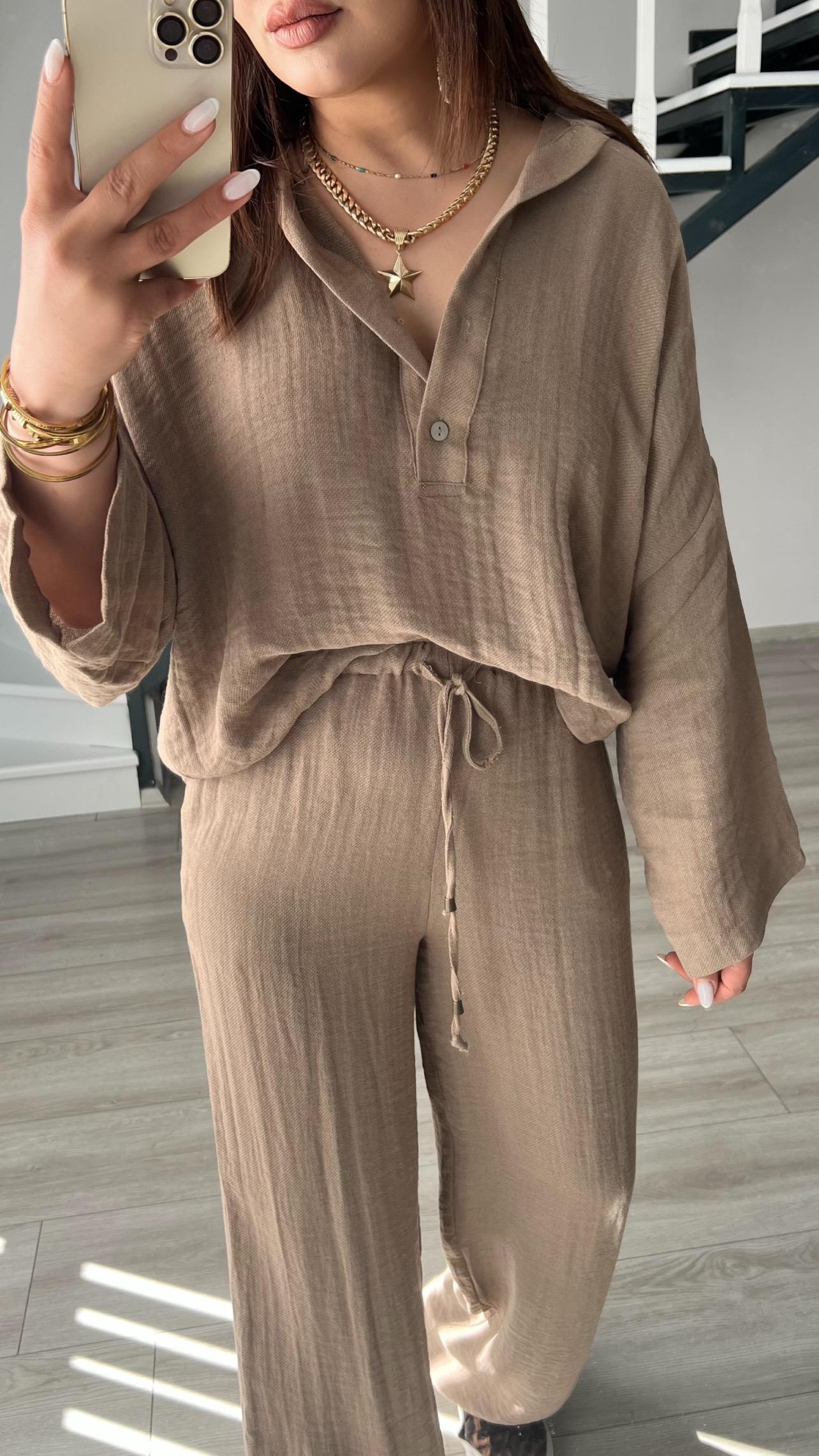 Coffee Brown Polo Collar Button-Down Shirt and Trousers Linen Set