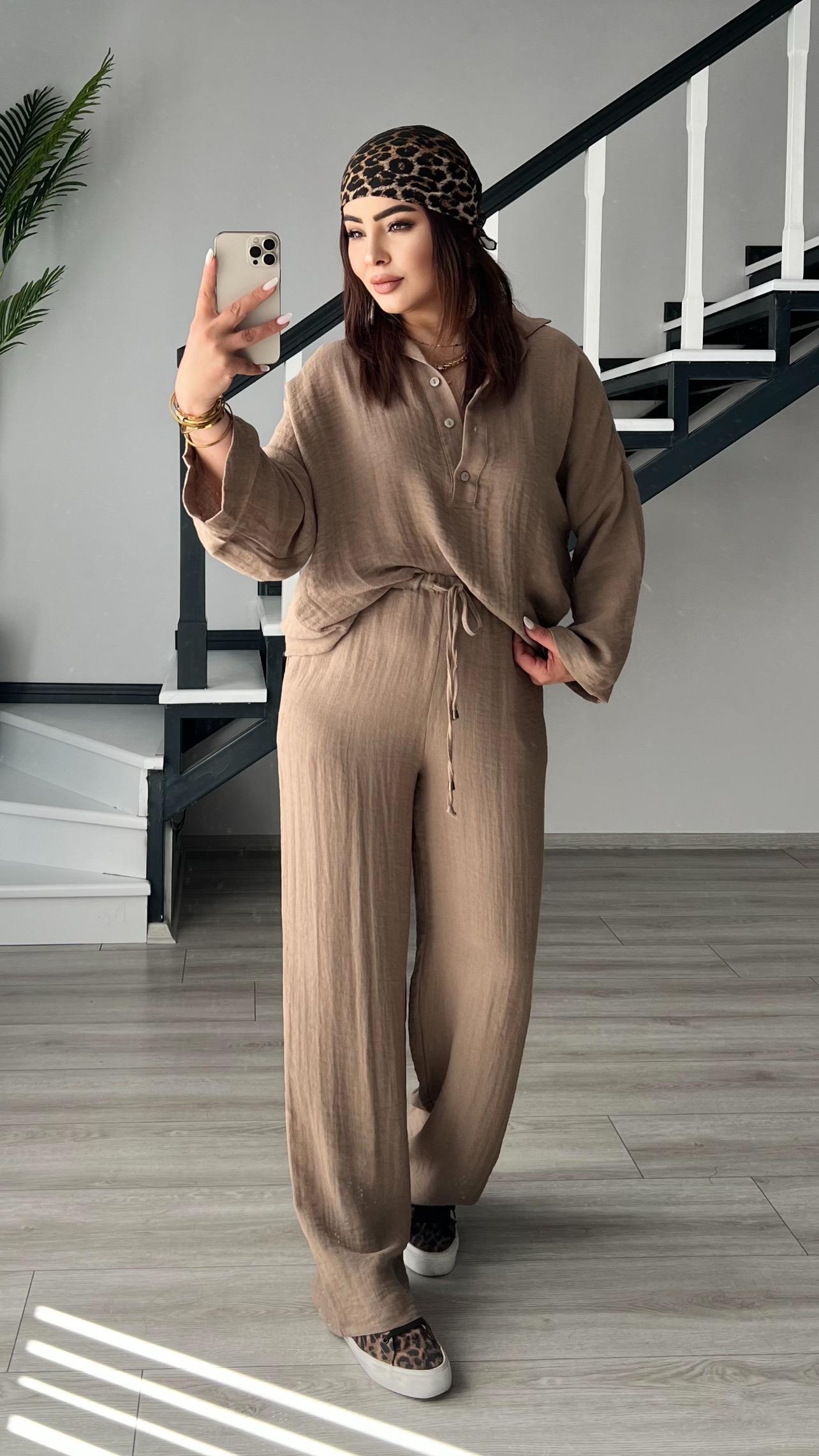 Coffee Brown Polo Collar Button-Down Shirt and Trousers Linen Set