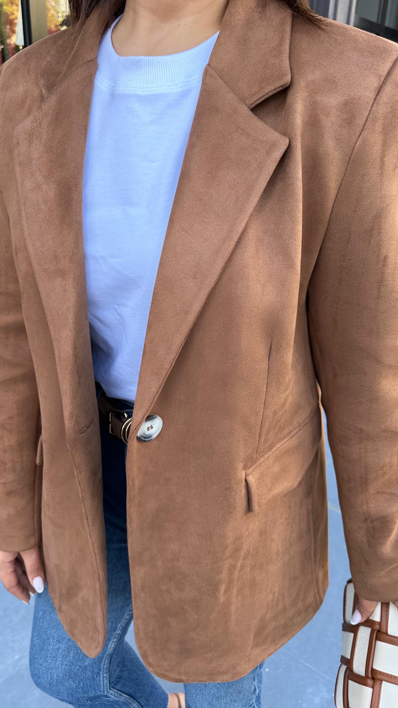 Coffee Premium Single Button Suede Blazer Jacket