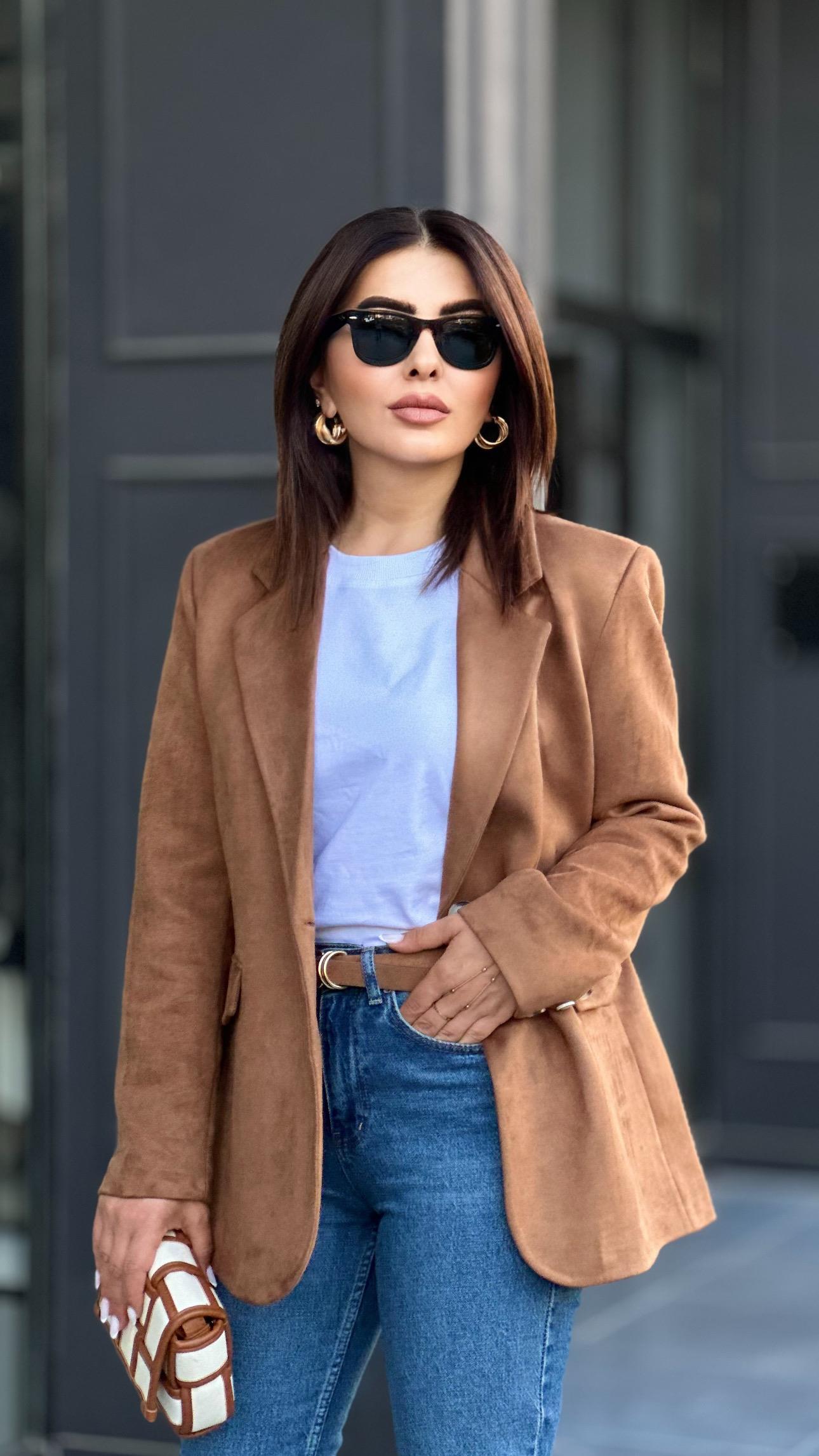 Coffee Premium Single Button Suede Blazer Jacket