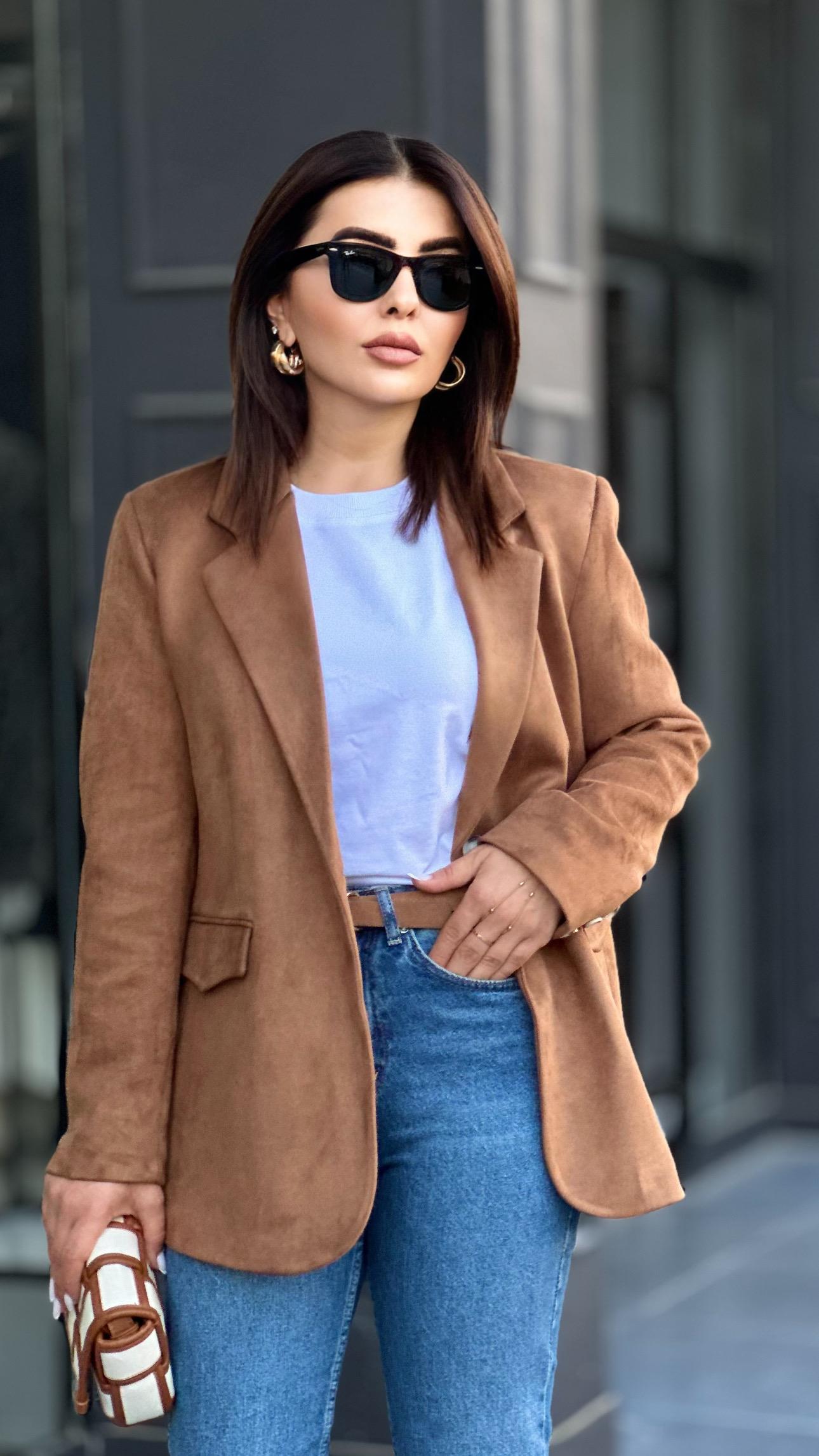 Coffee Premium Single Button Suede Blazer Jacket