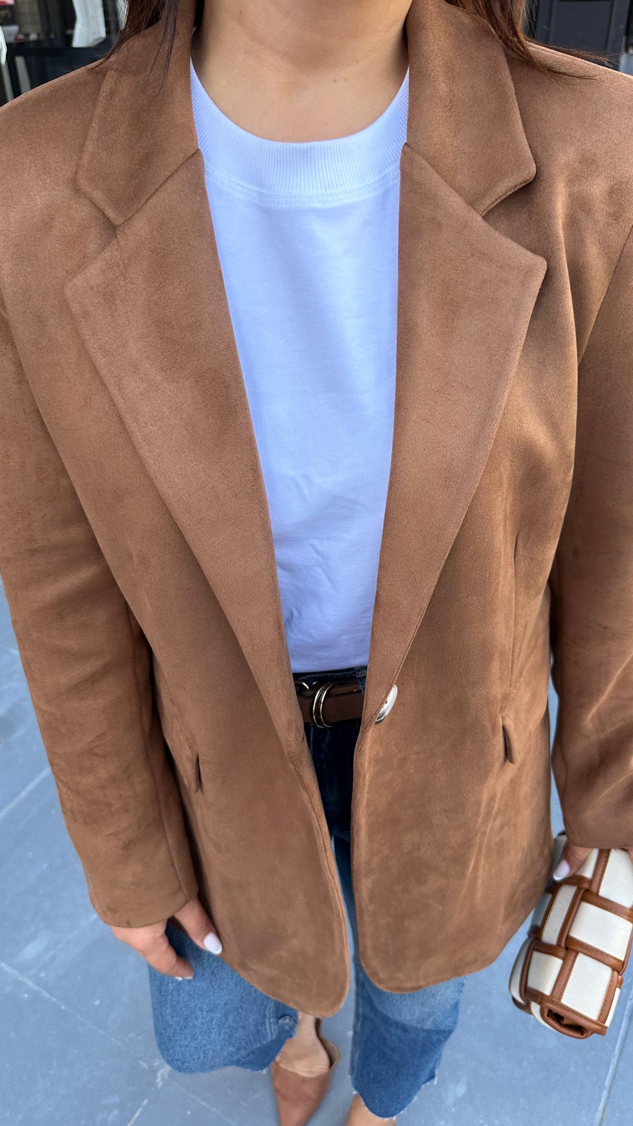 Coffee Premium Single Button Suede Blazer Jacket