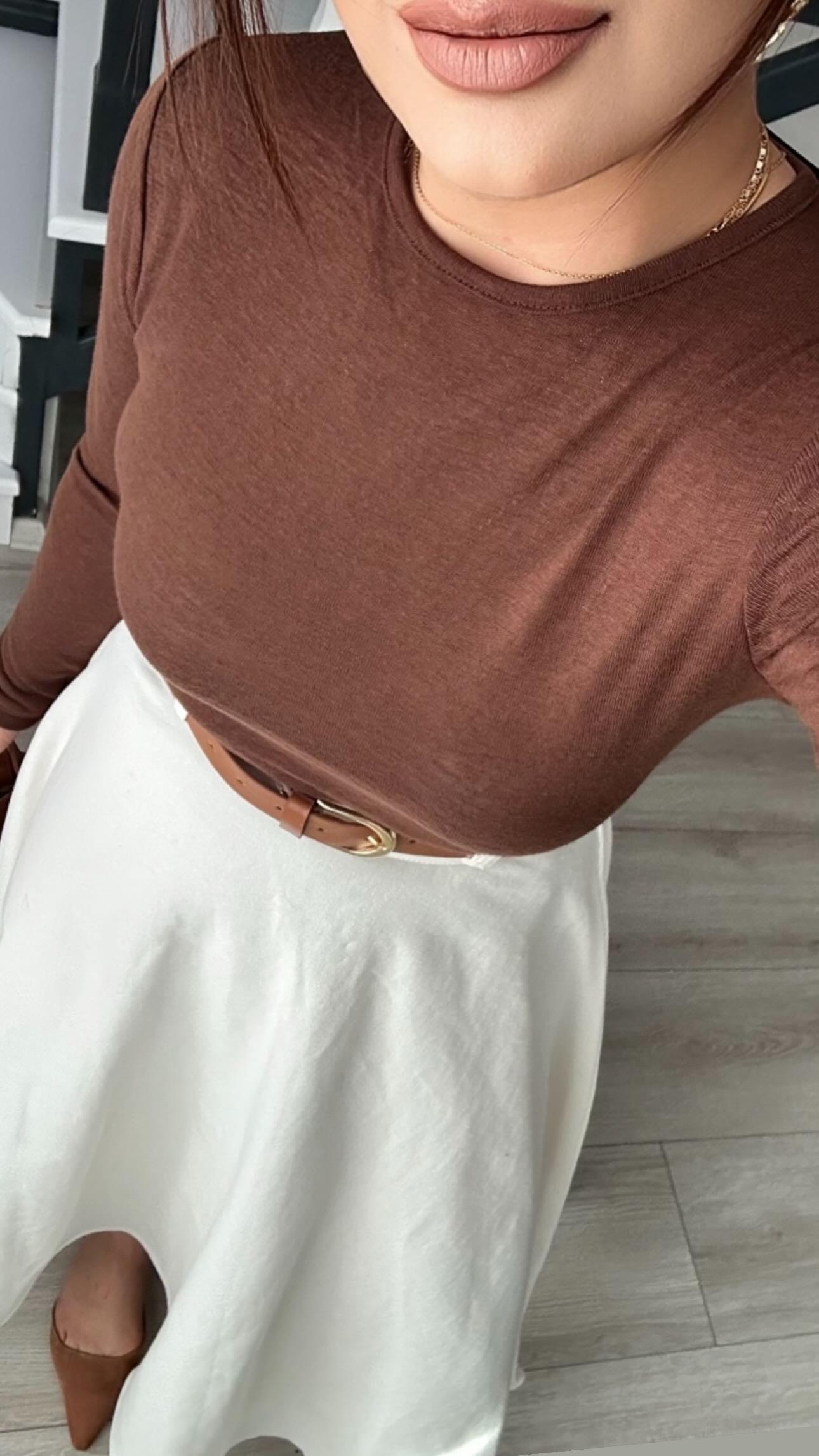 Kahve Sıfır Yaka Yarı Transparan Bluz 