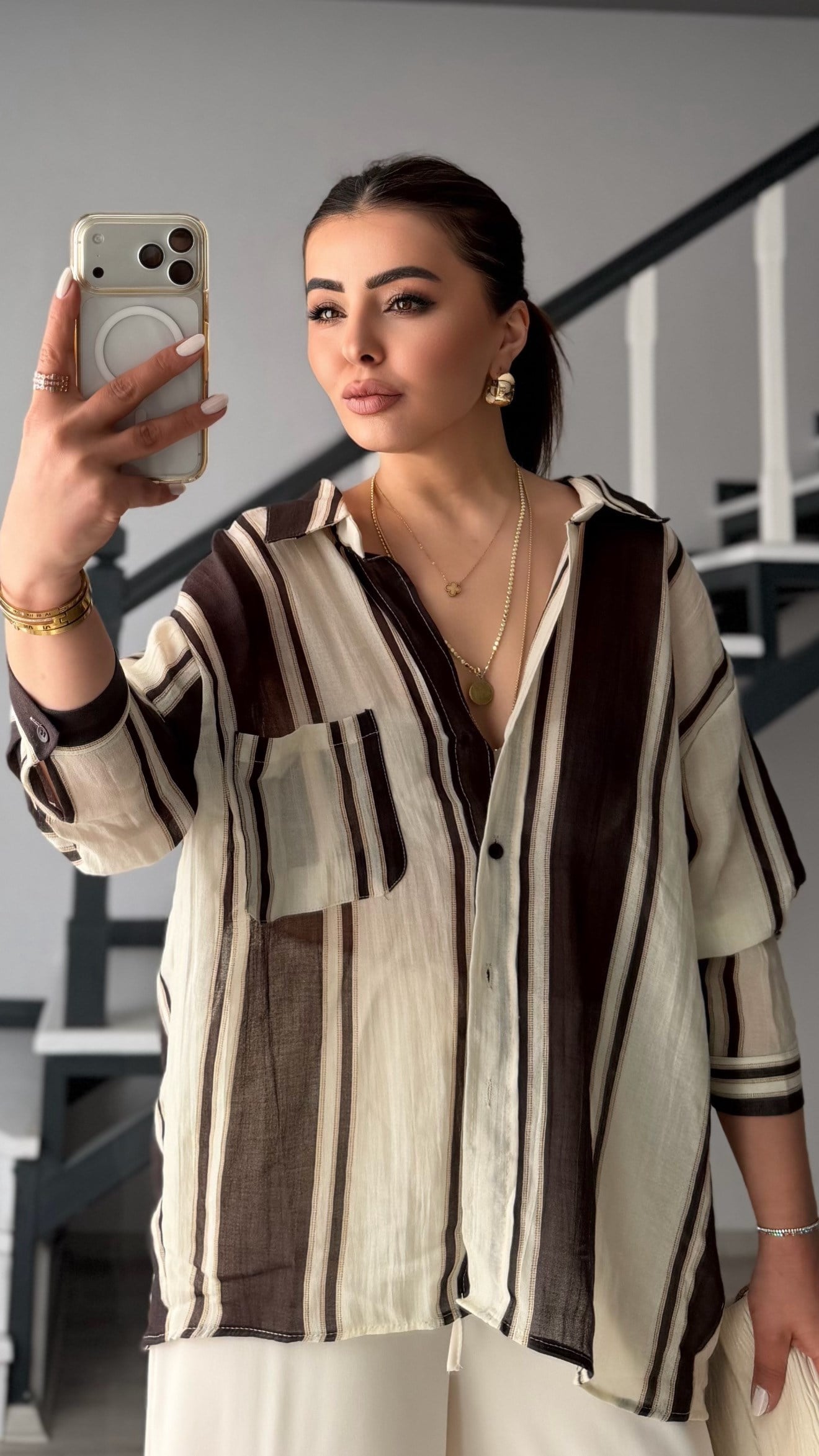 Kahve-Taş Çizgili Tencel Oversize Gömlek