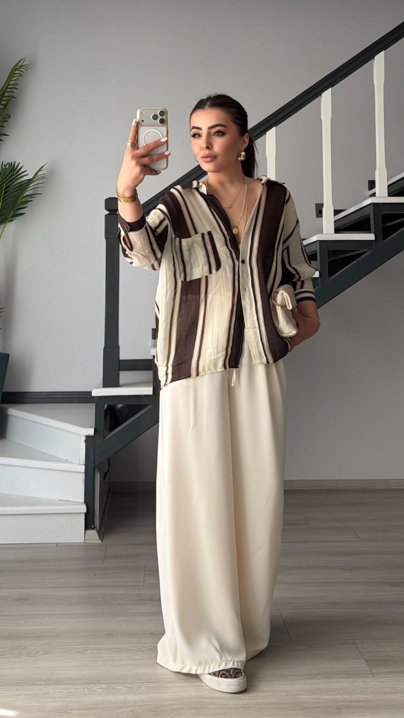 Kahve-Taş Çizgili Tencel Oversize Gömlek