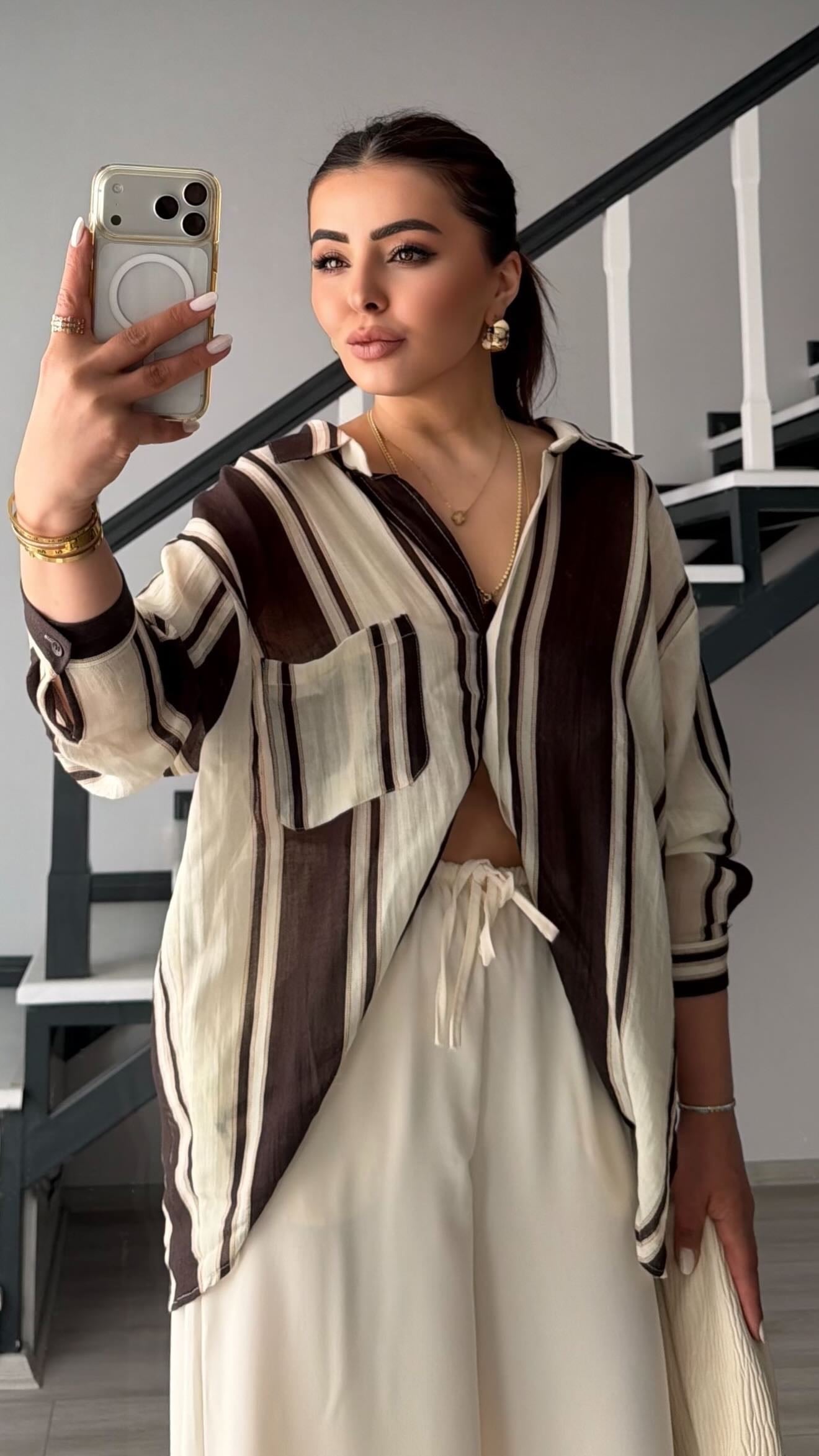 Kahve-Taş Çizgili Tencel Oversize Gömlek