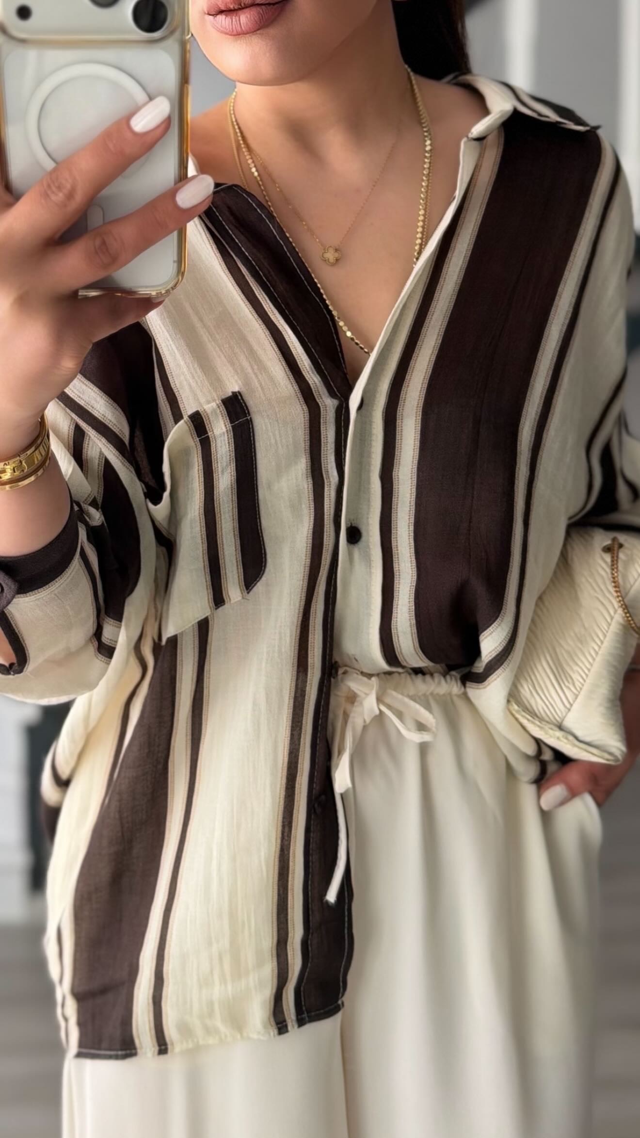 Kahve-Taş Çizgili Tencel Oversize Gömlek