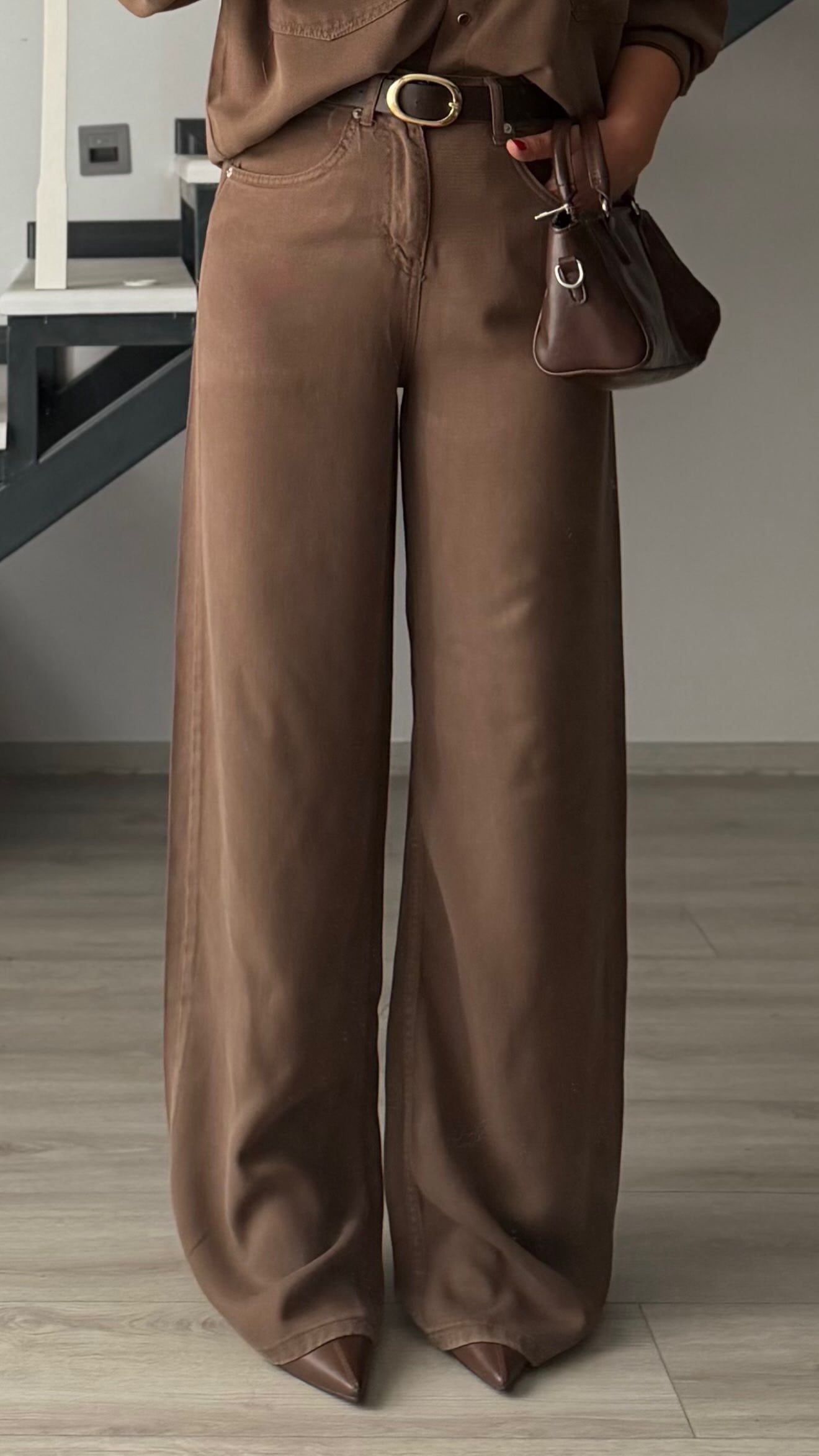 Kahve Tencel Denim Gömlek-Pantolon Takım
