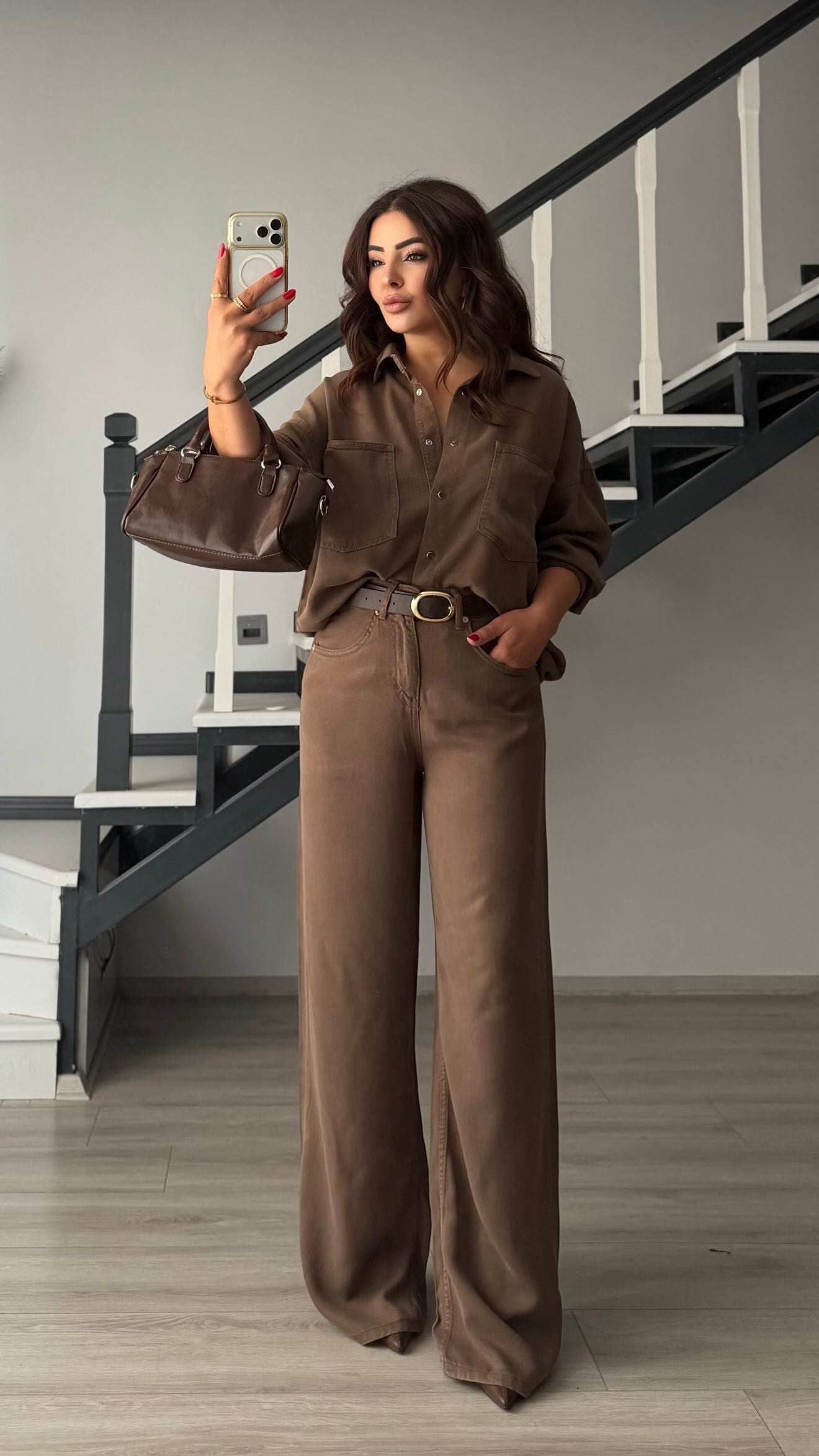 Kahve Tencel Denim Gömlek-Pantolon Takım