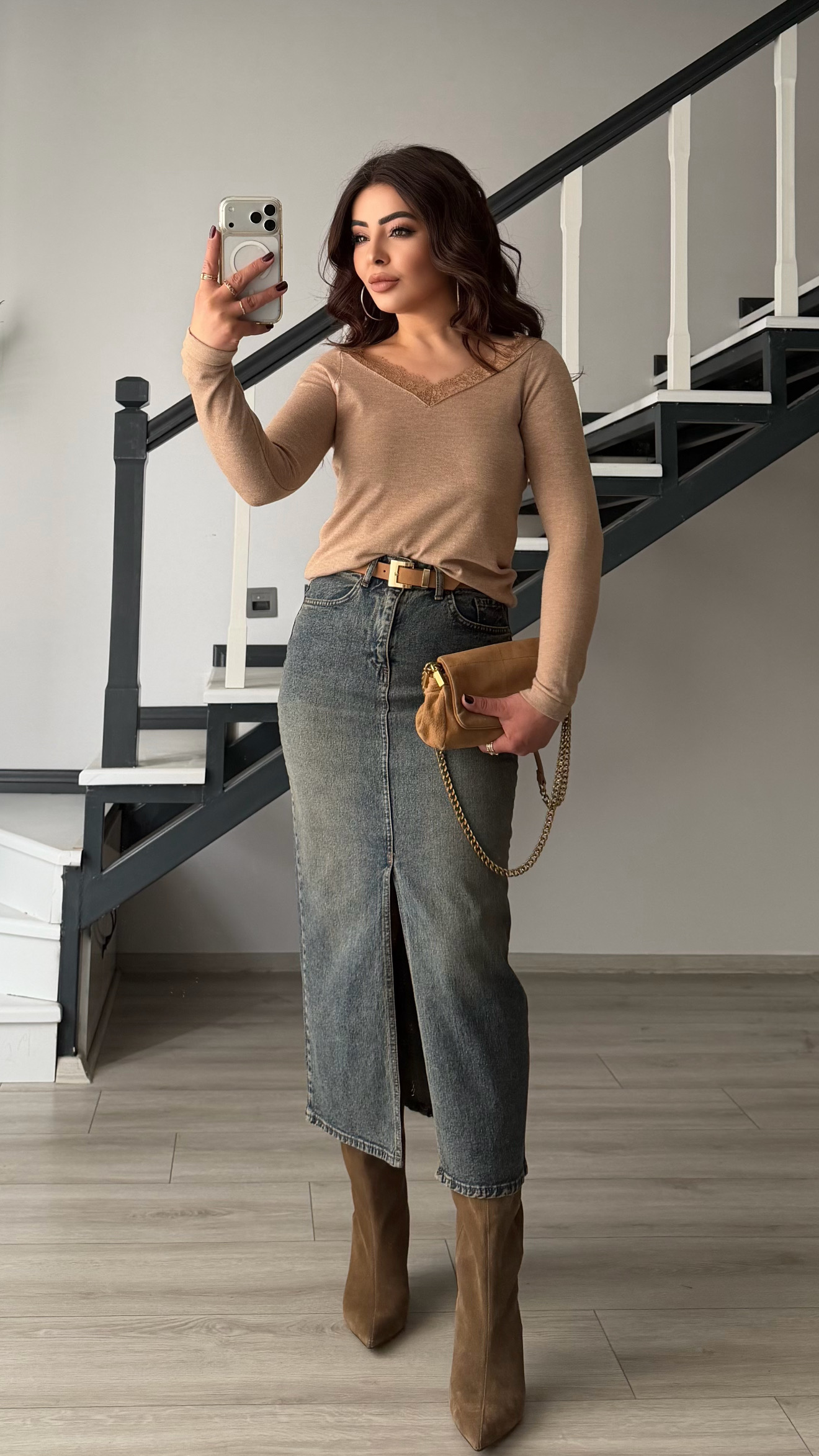 Kahve Tintli Kemerli Likralı Midi Denim Etek