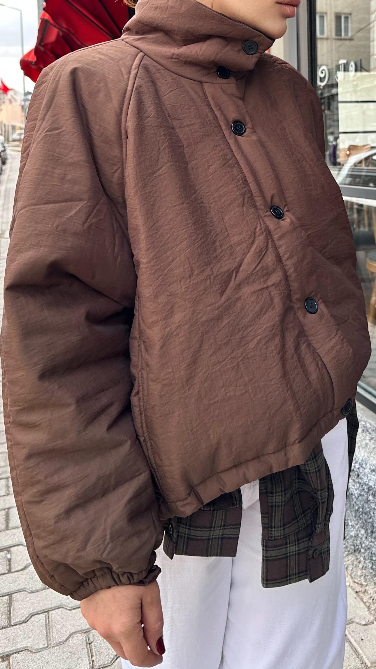 Kahve Tok Doku Şişme Mont