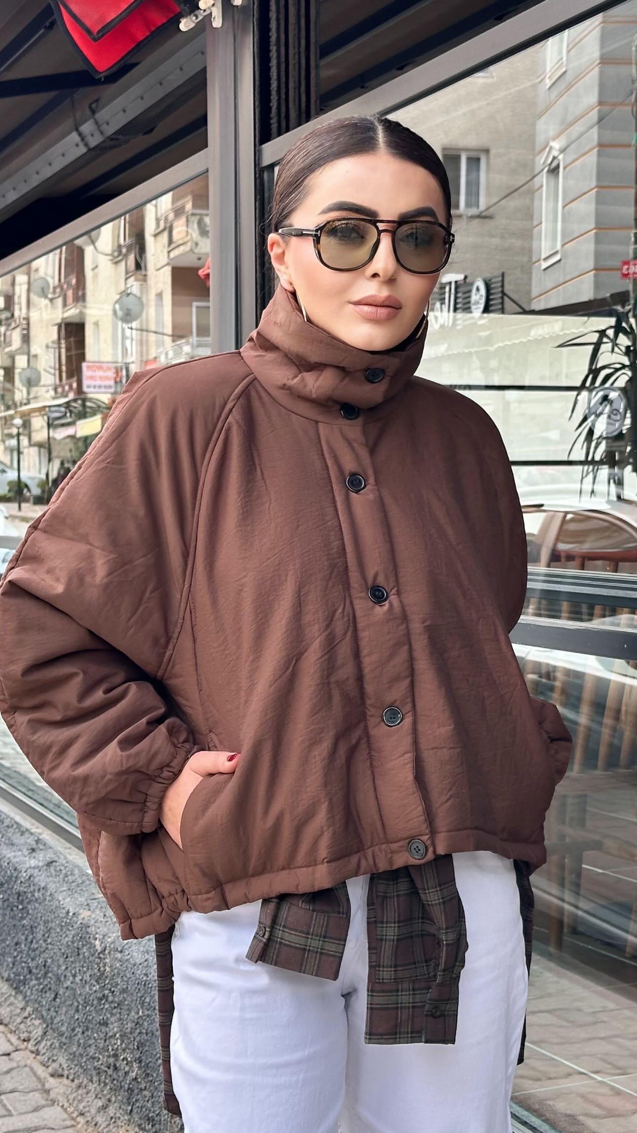 Kahve Tok Doku Şişme Mont