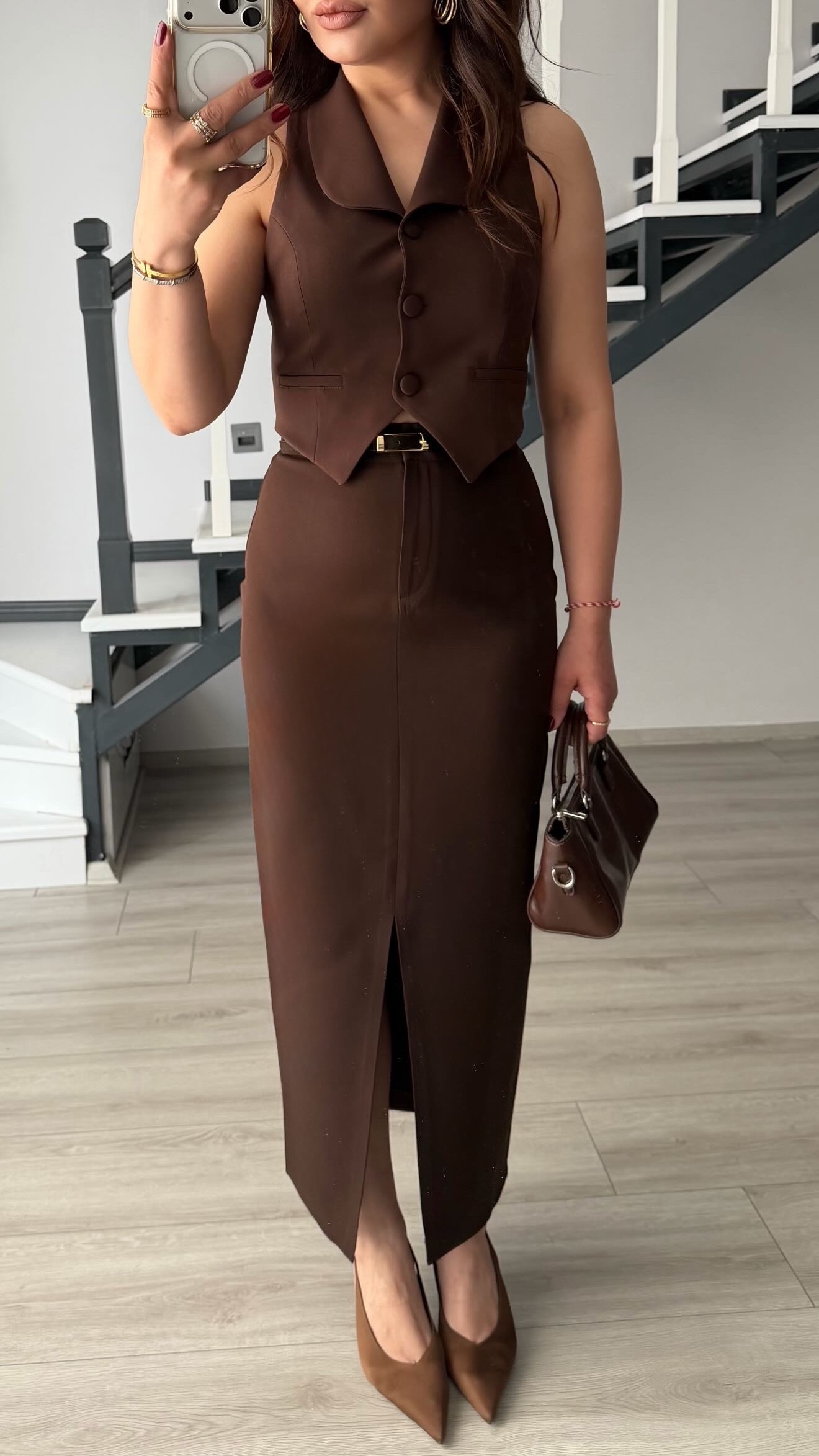Kahve Yırtmaçlı Kalem Etek