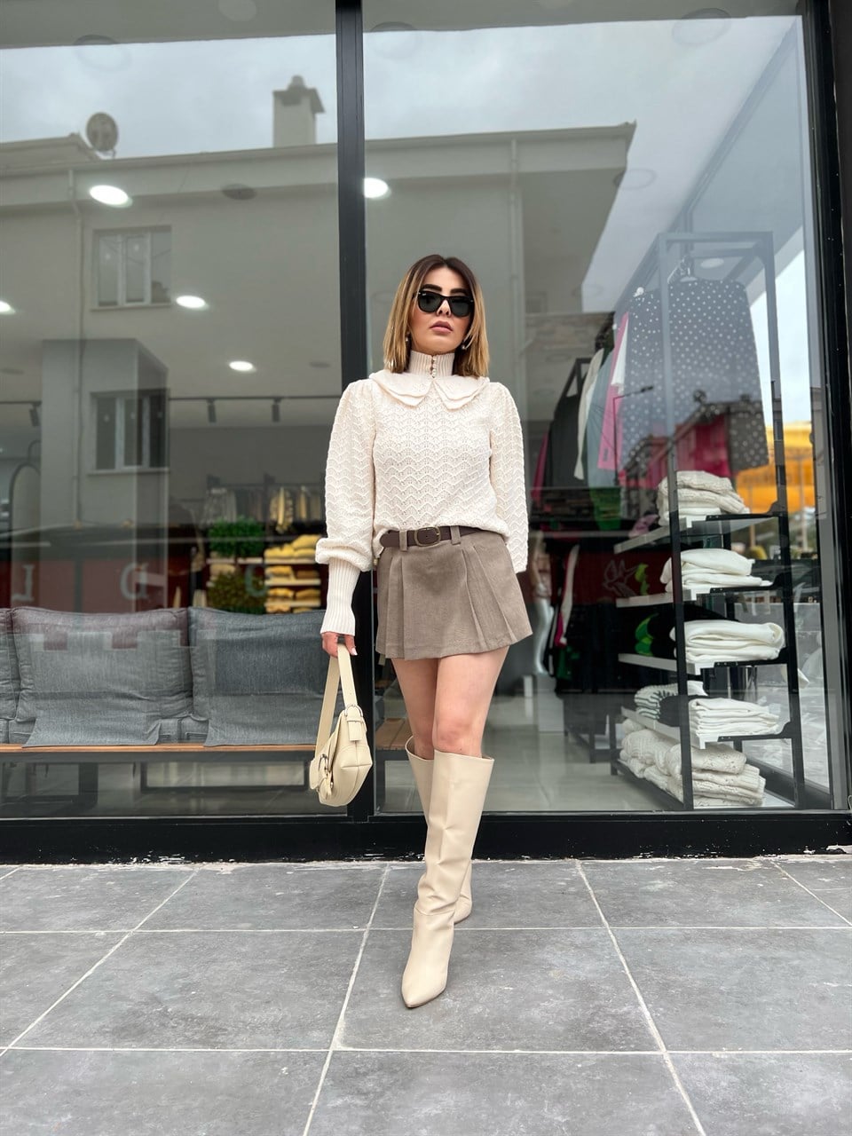 Kemerli Duple Pileli Mini Şort Etek