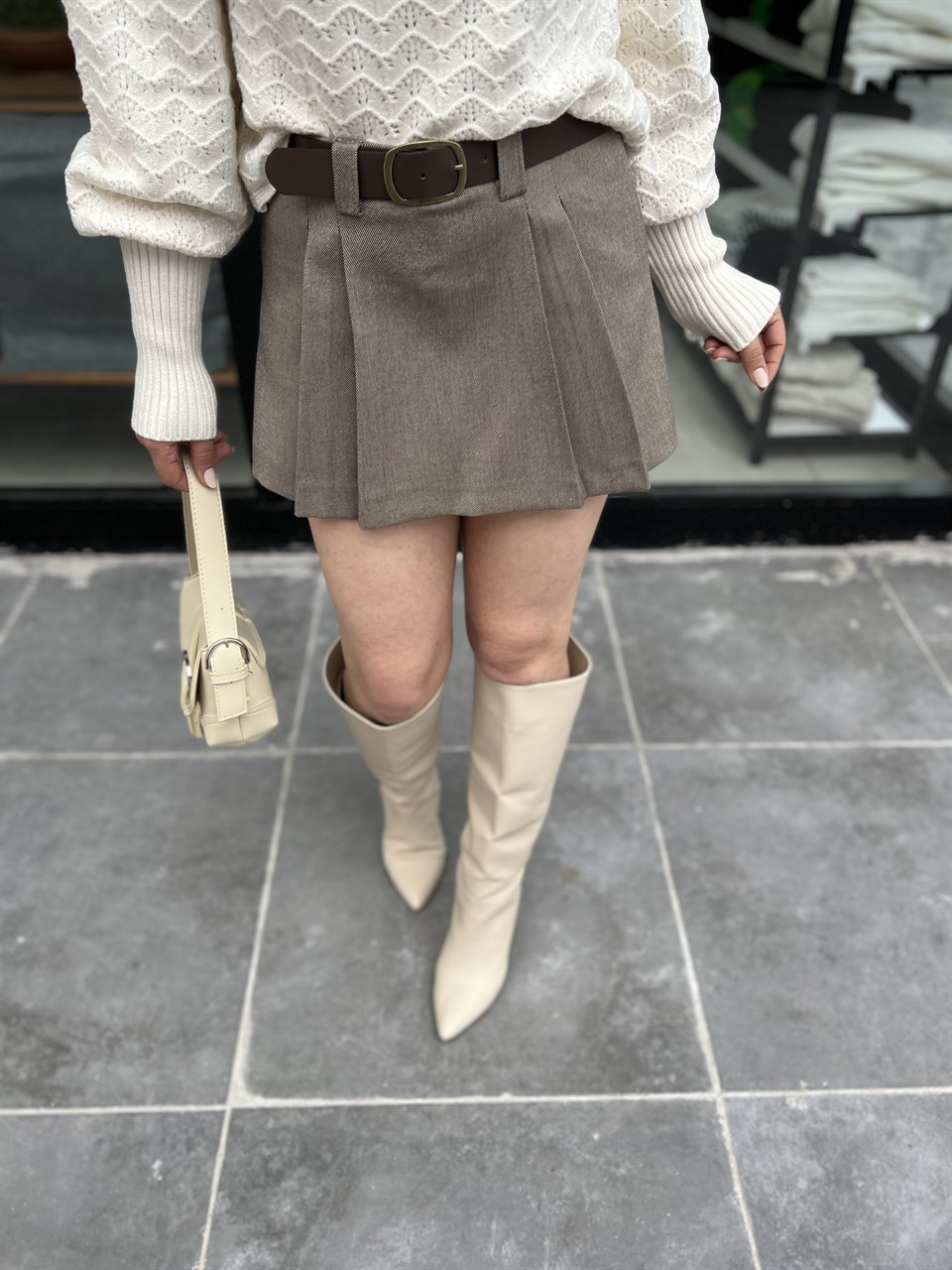 Kemerli Duple Pileli Mini Şort Etek