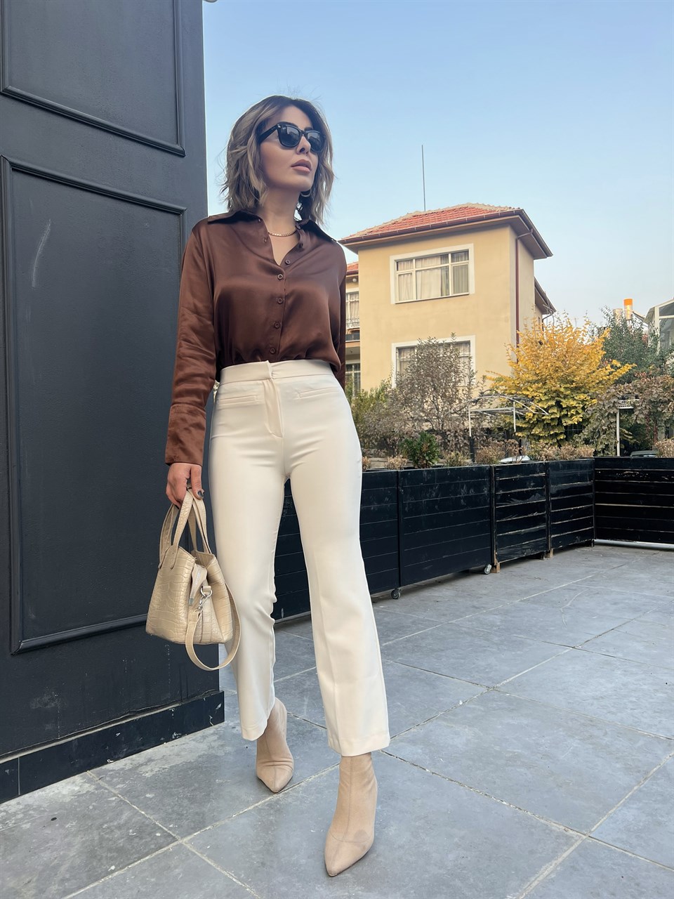 Bone Ankle Length Fabric Trousers