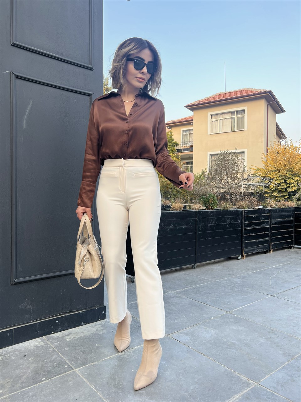 Bone Ankle Length Fabric Trousers