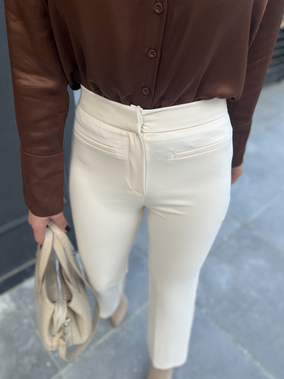 Bone Ankle Length Fabric Trousers