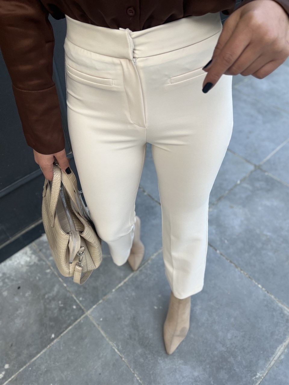 Bone Ankle Length Fabric Trousers