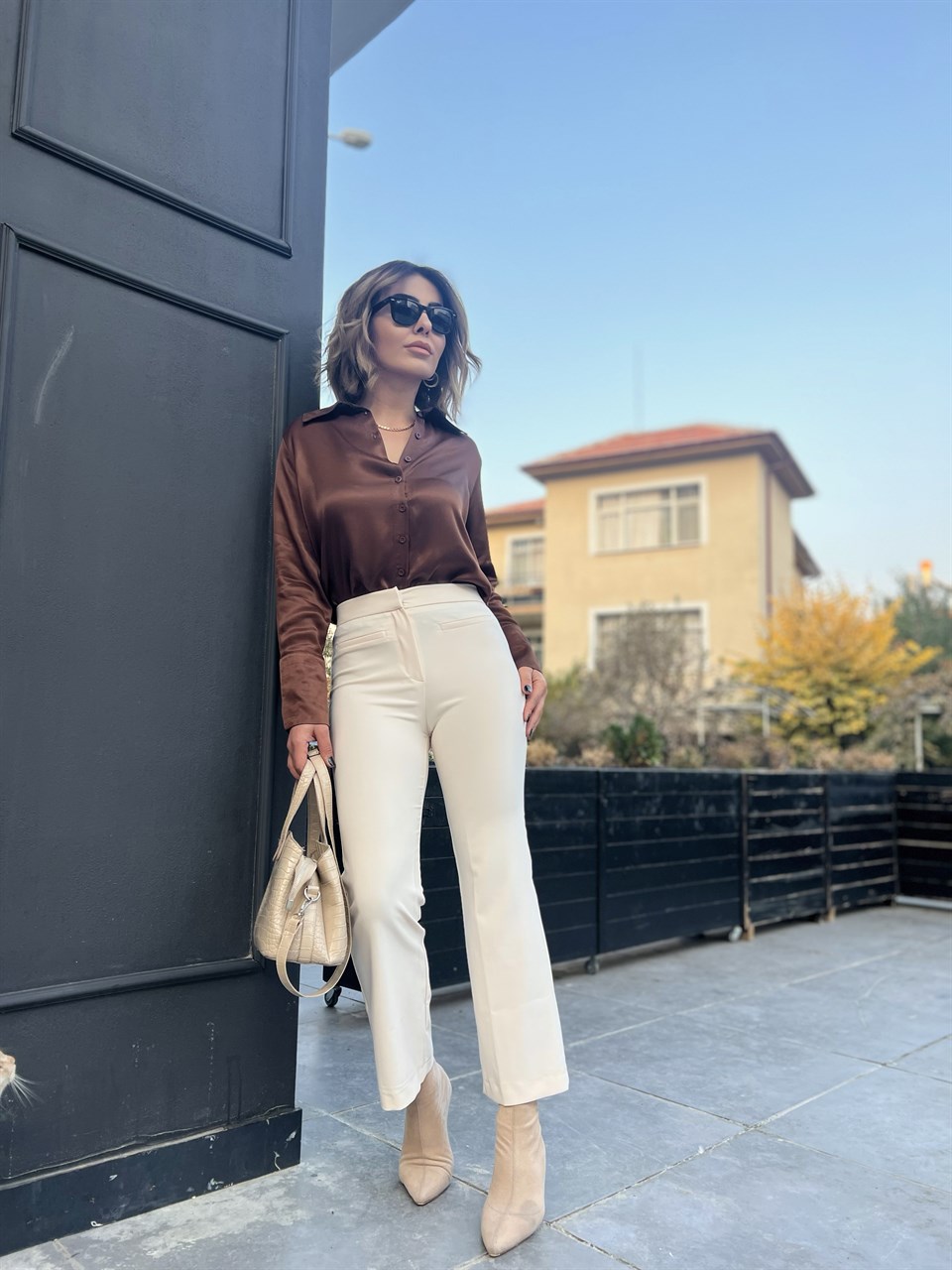 Bone Ankle Length Fabric Trousers