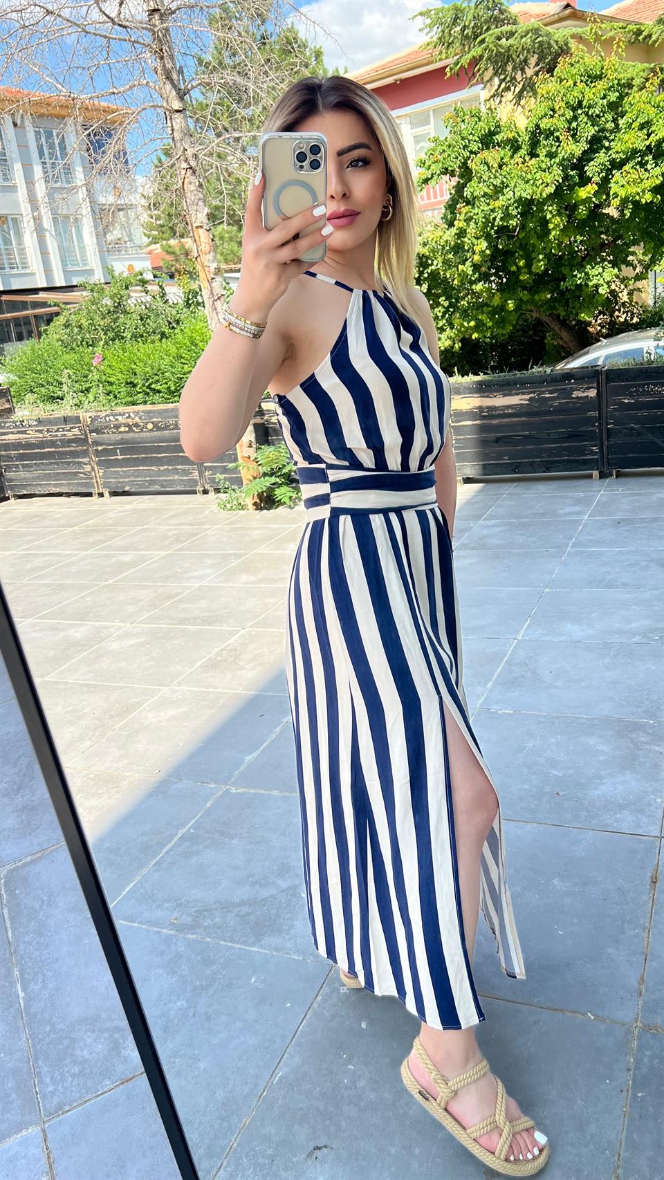 Linen Striped Strappy Dress