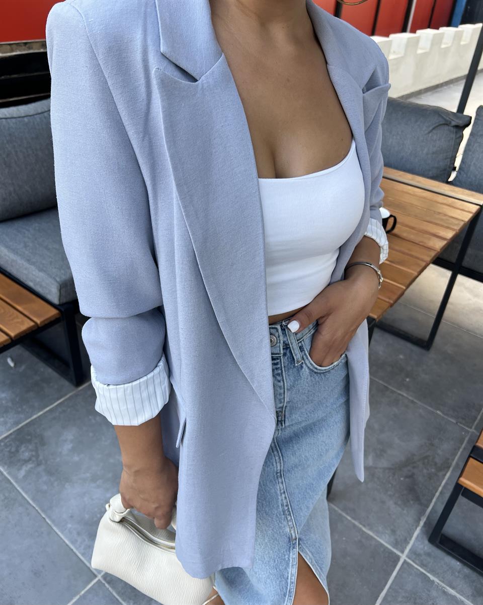 Keten Gri Astarı Çizgili Blazer Ceket 