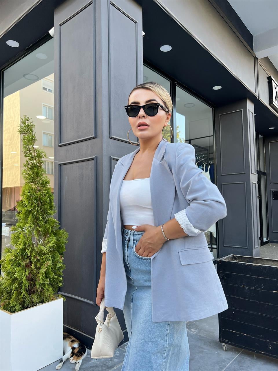 Keten Gri Astarı Çizgili Blazer Ceket 