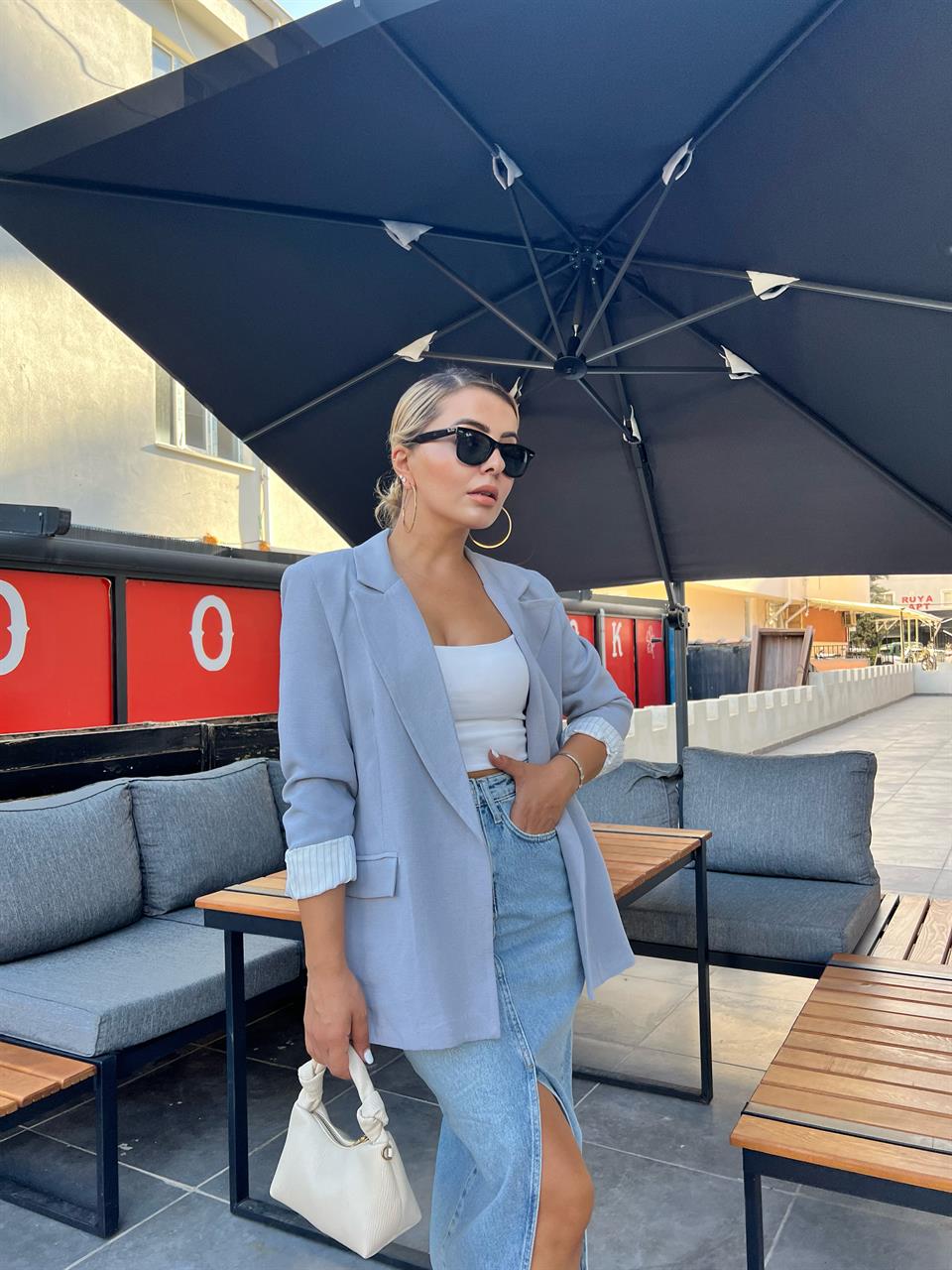 Keten Gri Astarı Çizgili Blazer Ceket 
