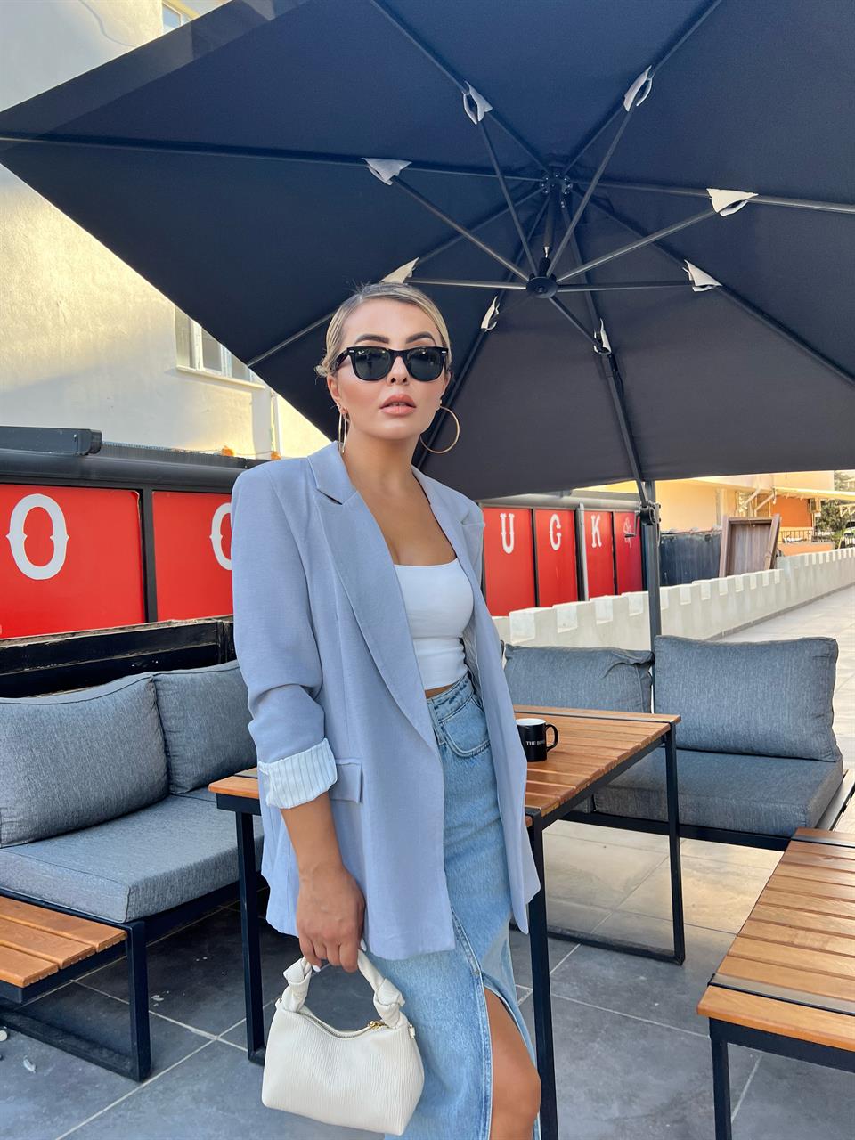 Keten Gri Astarı Çizgili Blazer Ceket 