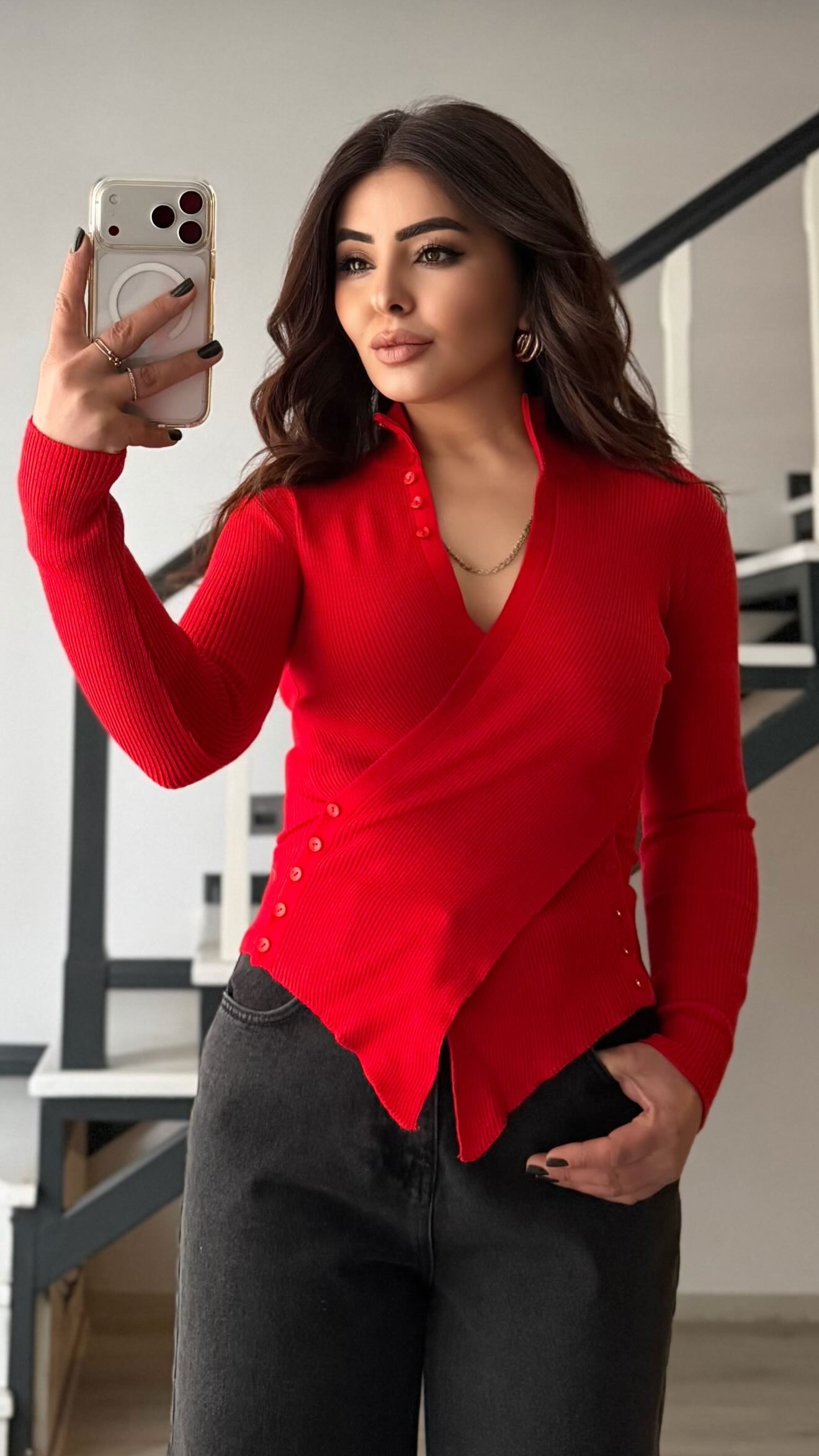 Red Asymmetric Cut Waist-Buttoned Knit Blouse