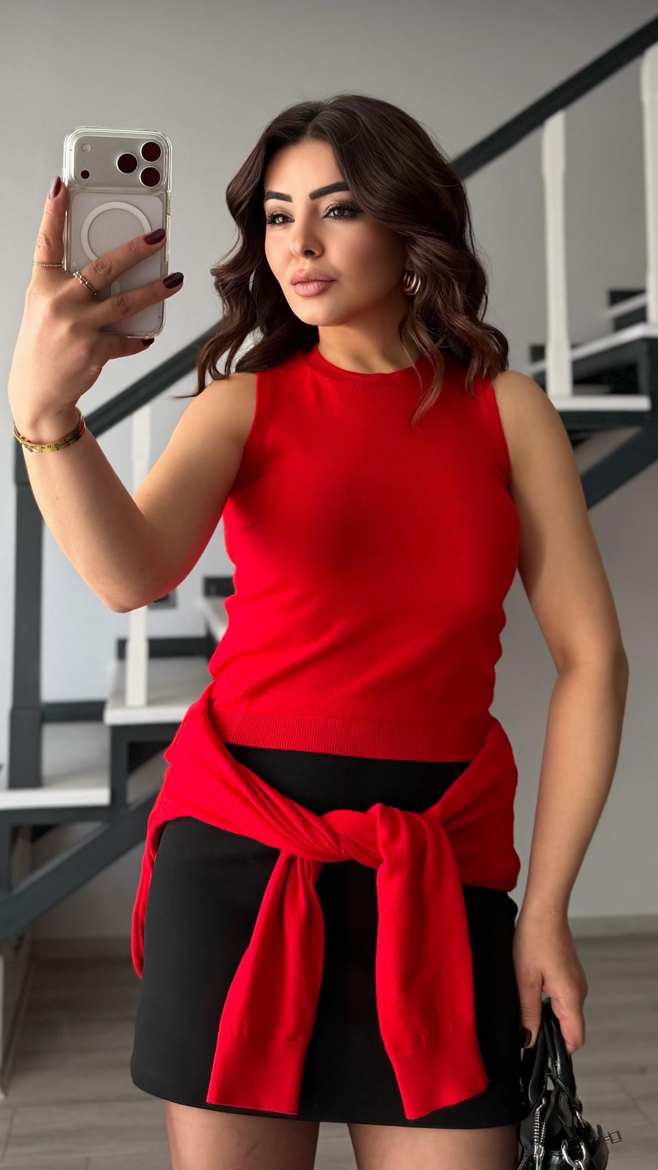 Red Bodysuit and Blouse Two-Piece Set
