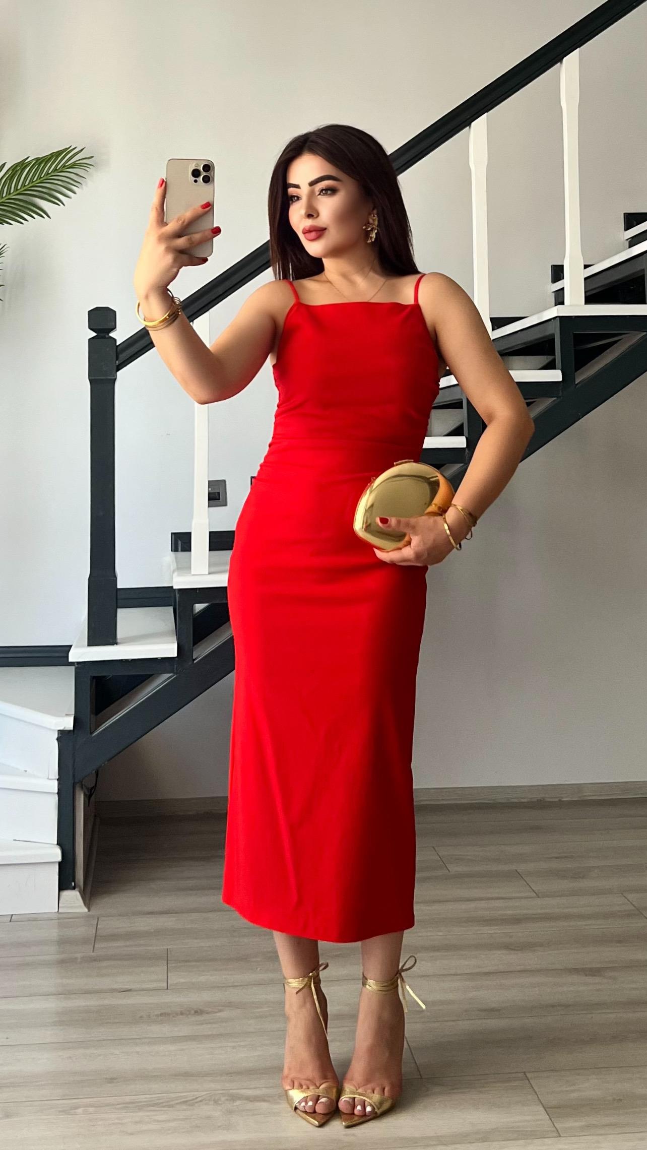 Red Ruched Dress with Adjustable Straps