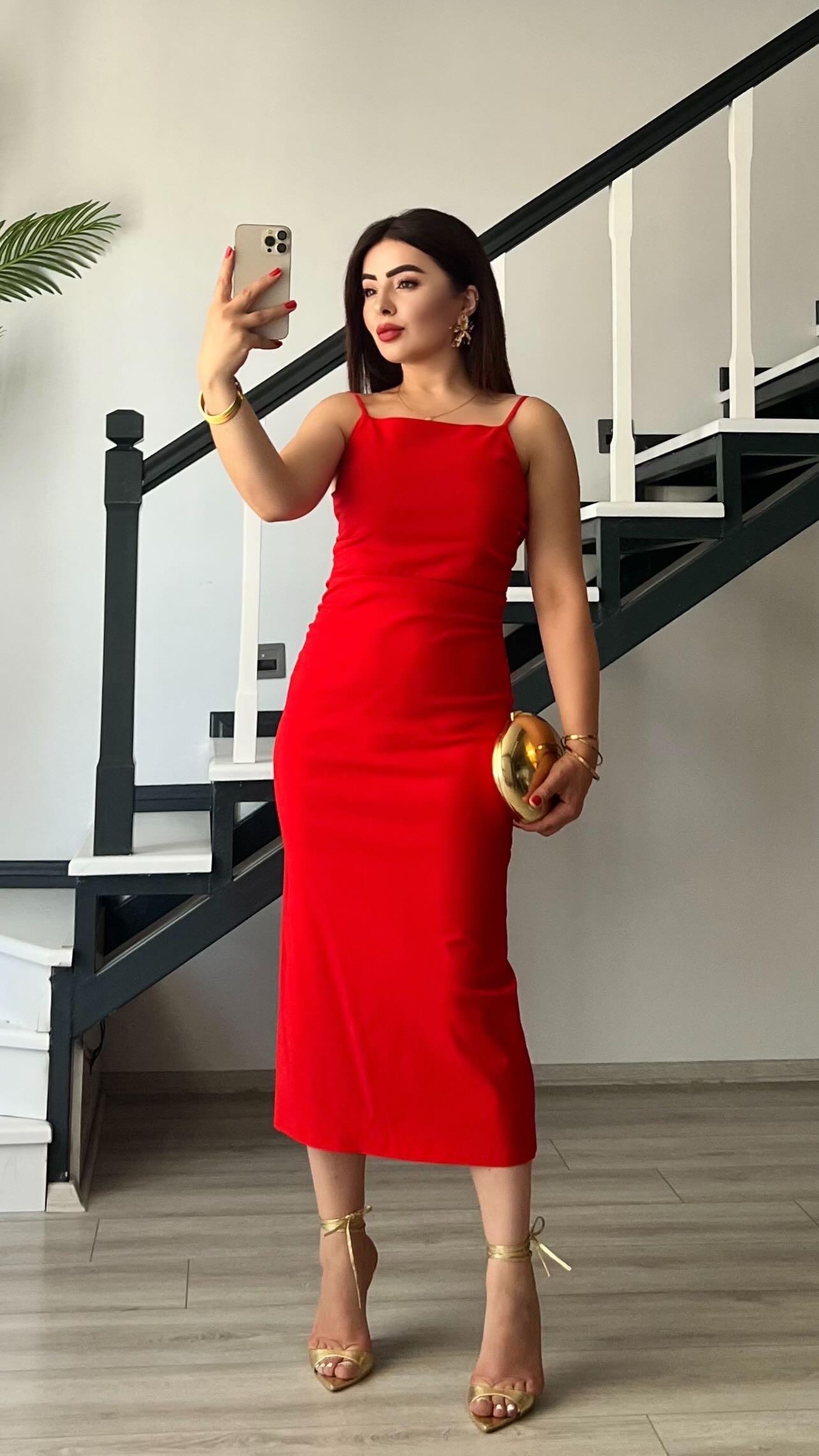 Red Ruched Dress with Adjustable Straps