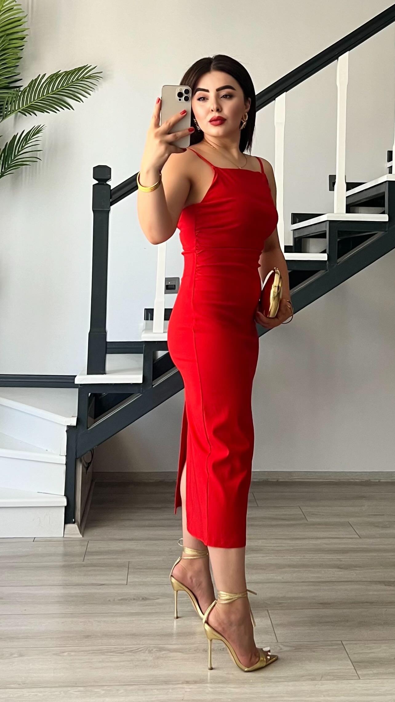 Red Ruched Dress with Adjustable Straps