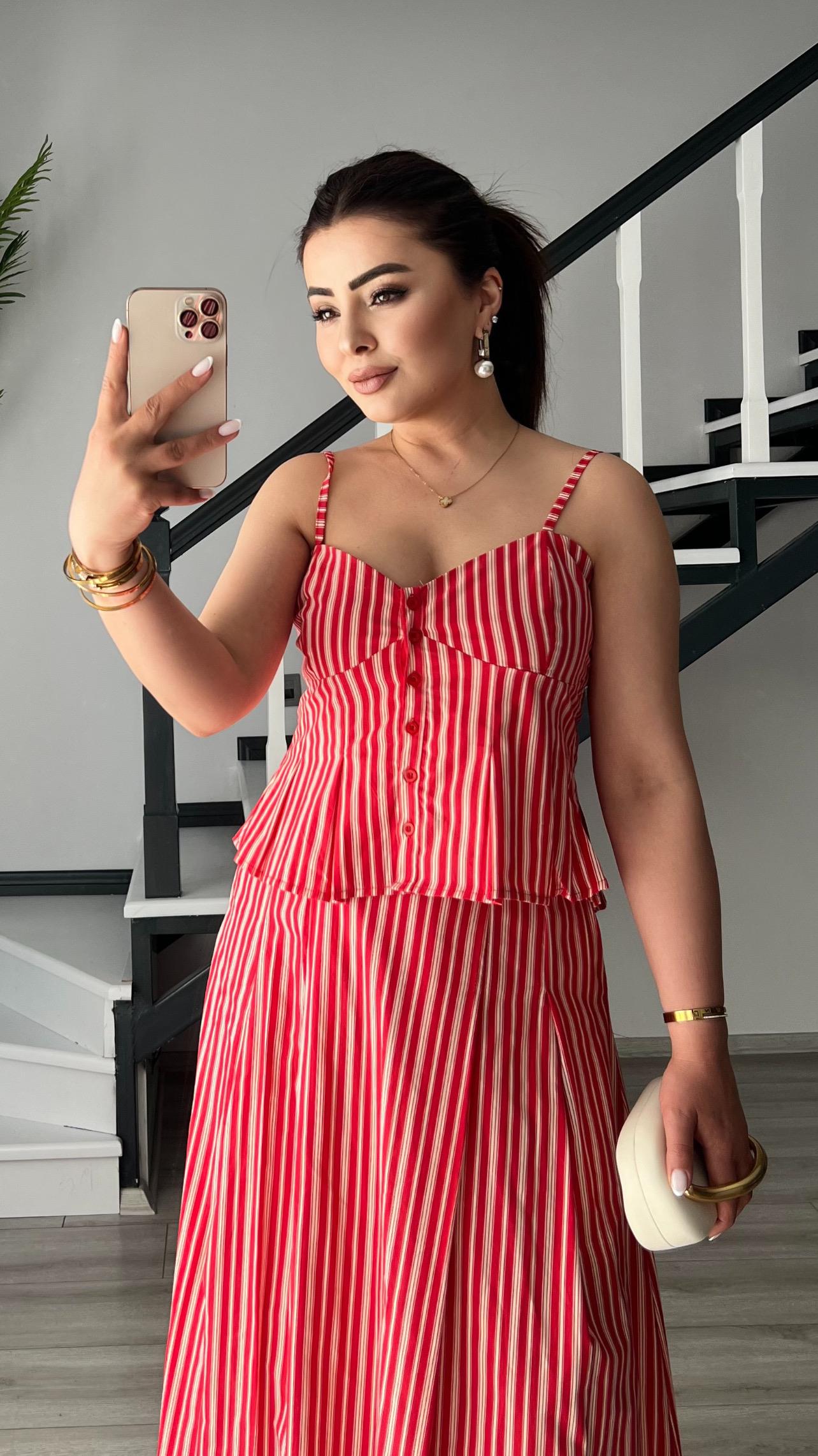Kırmızı Çizgili Crop Etek Takım