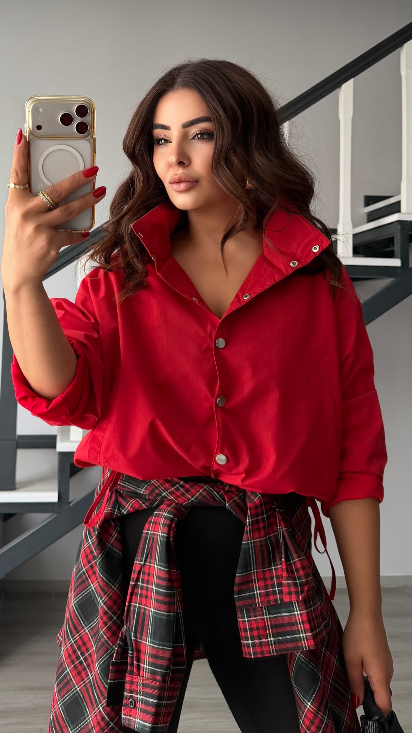 Red Stand-Up Collar Shirred Detail Lined Raincoat