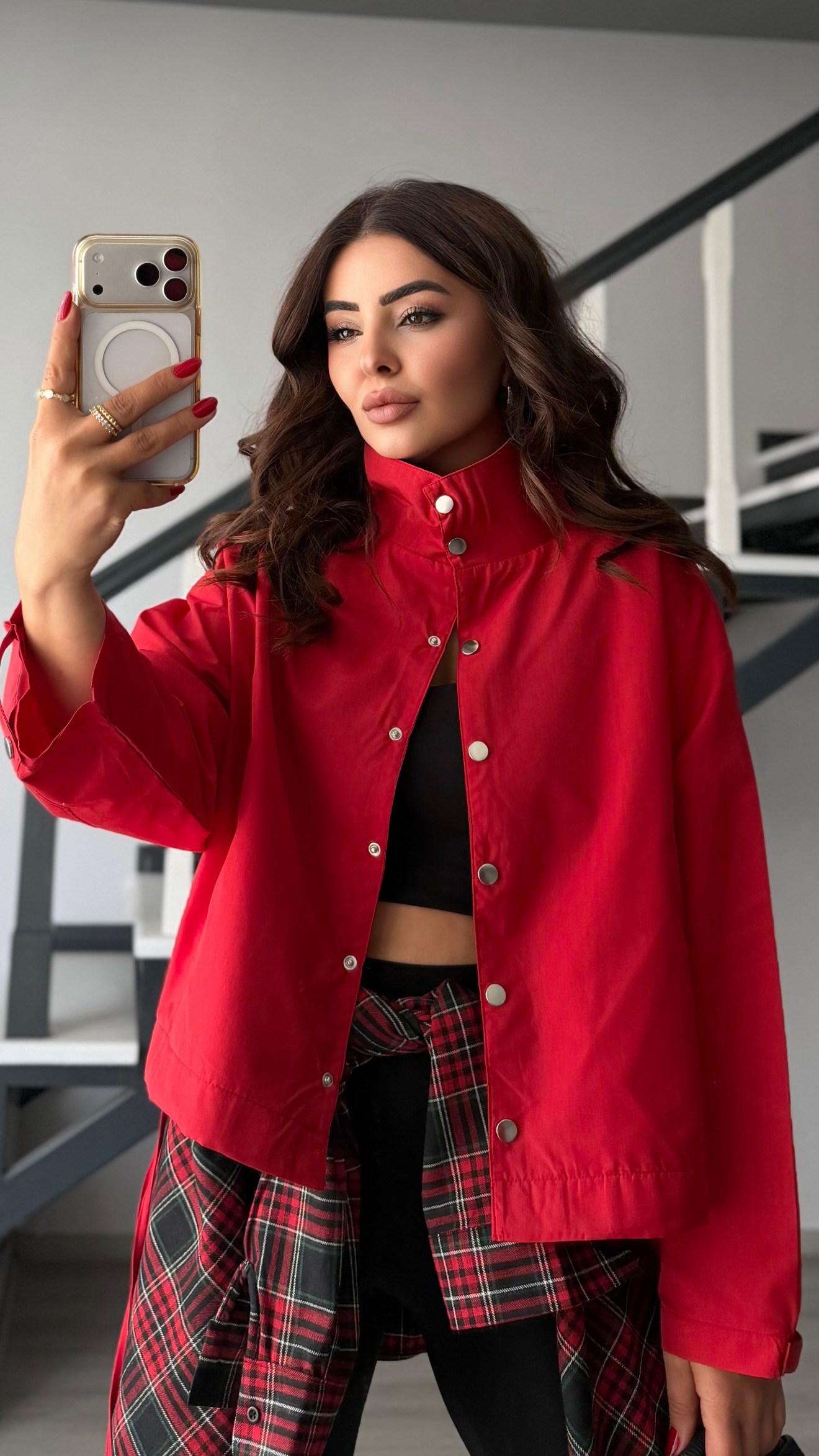 Red Stand-Up Collar Shirred Detail Lined Raincoat