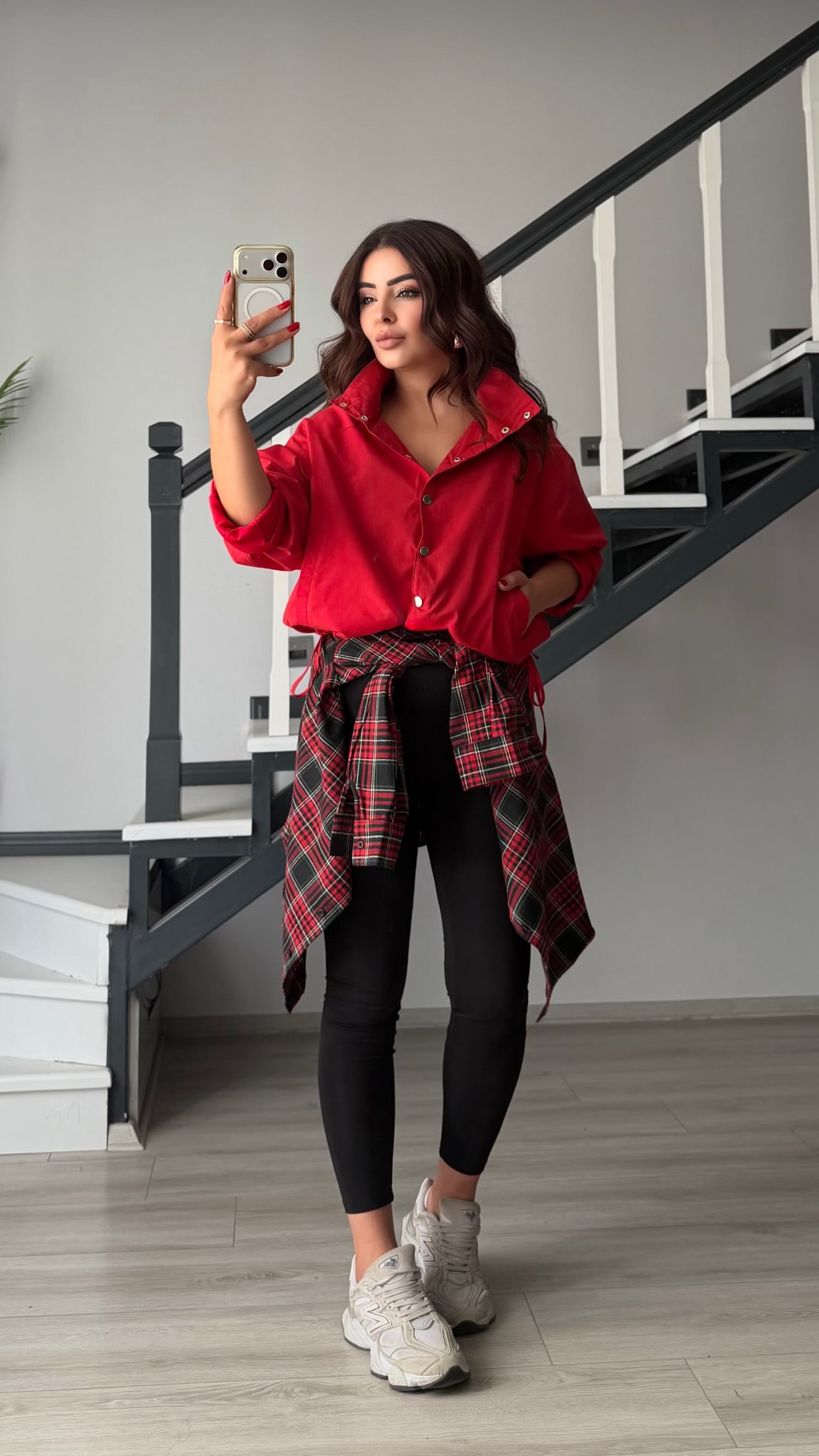 Red Stand-Up Collar Shirred Detail Lined Raincoat