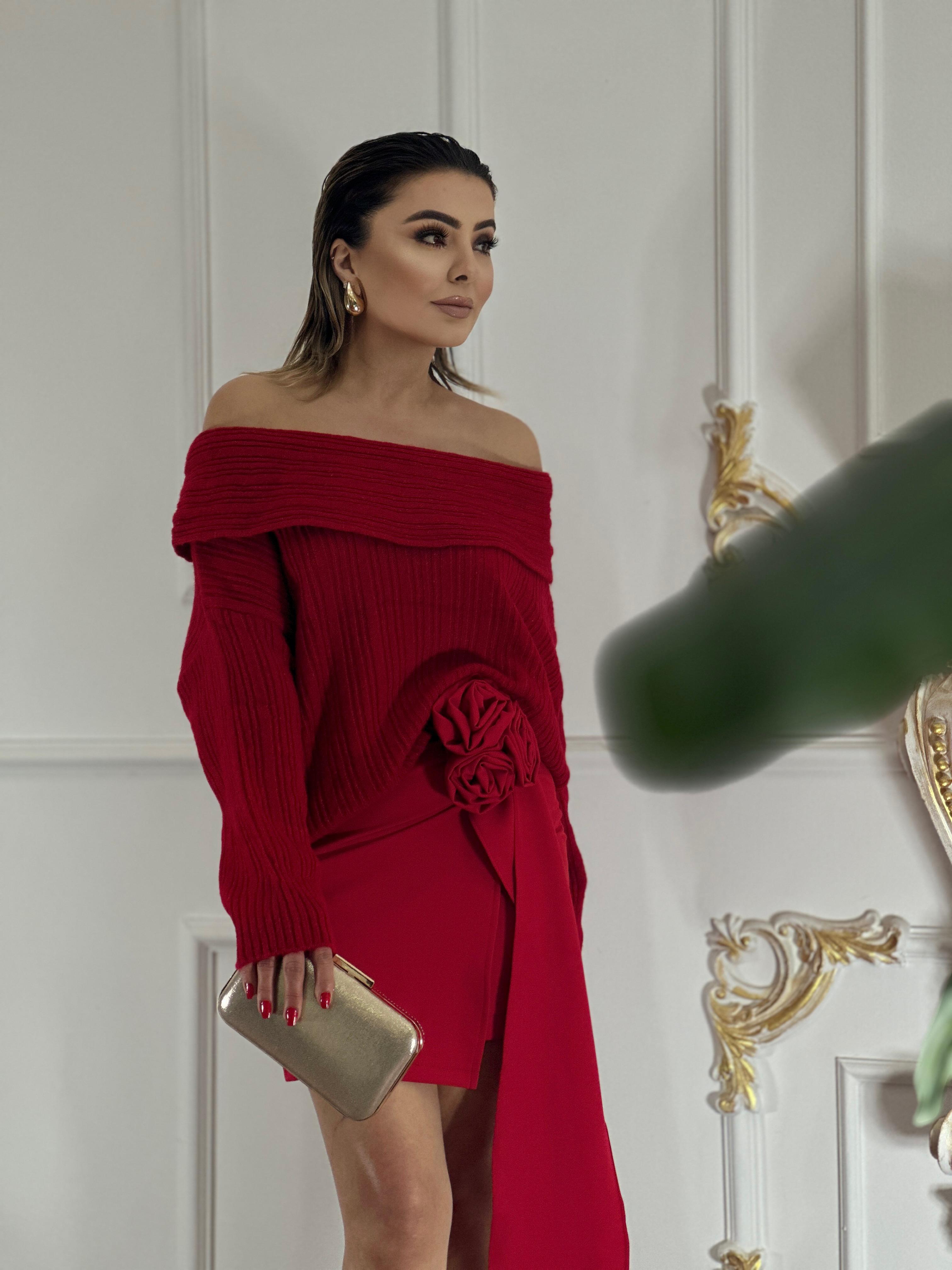 Skirt with Belt and Red Rose Brooch