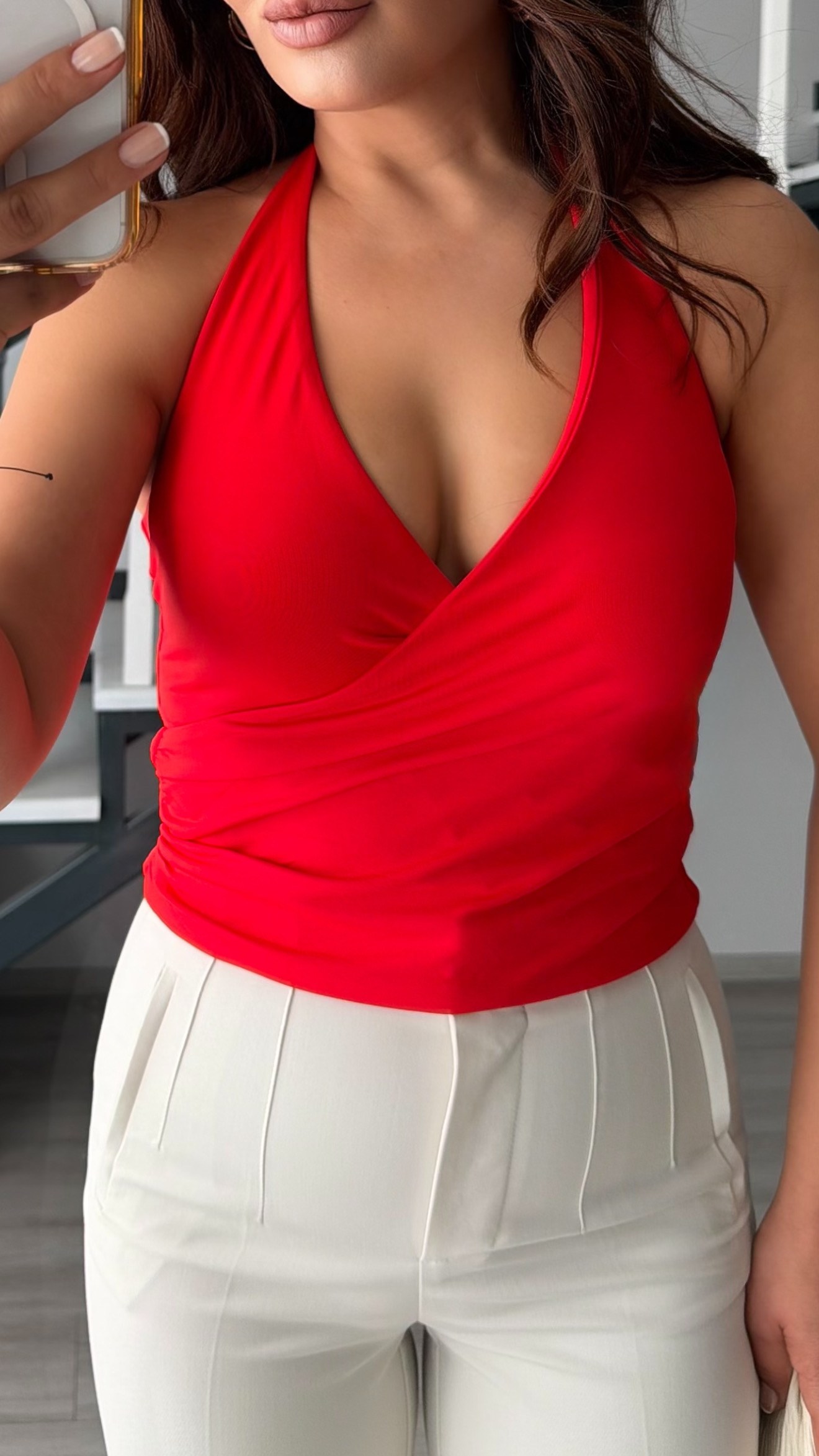 Red Halter Neck Double-Breasted Blouse