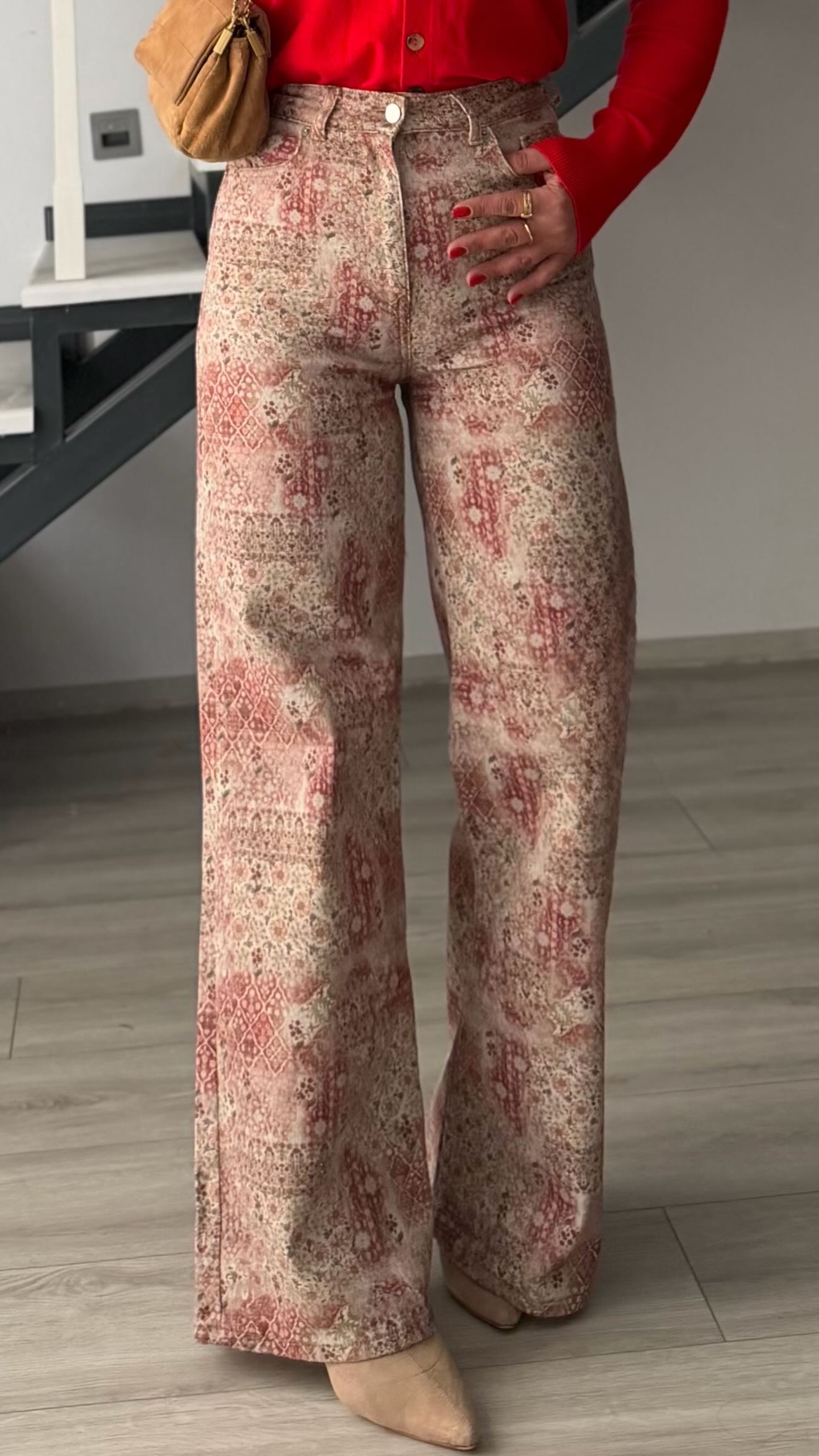 Kırmızı-Krem Etnik Desen Flare Pantolon