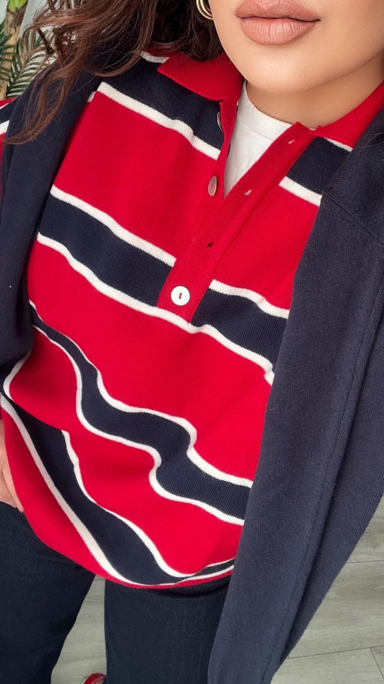 Red and Navy Striped Polo Collar Knit Sweater