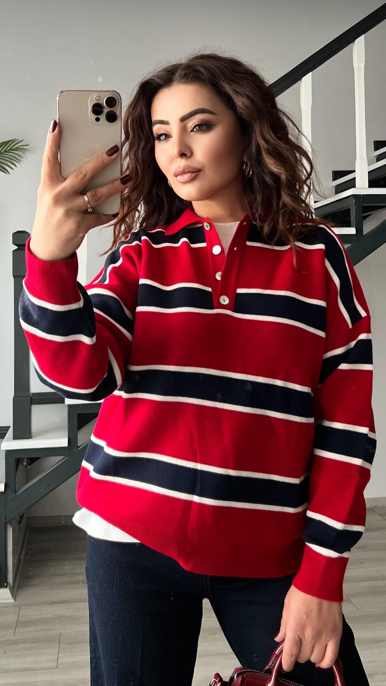 Red and Navy Striped Polo Collar Knit Sweater
