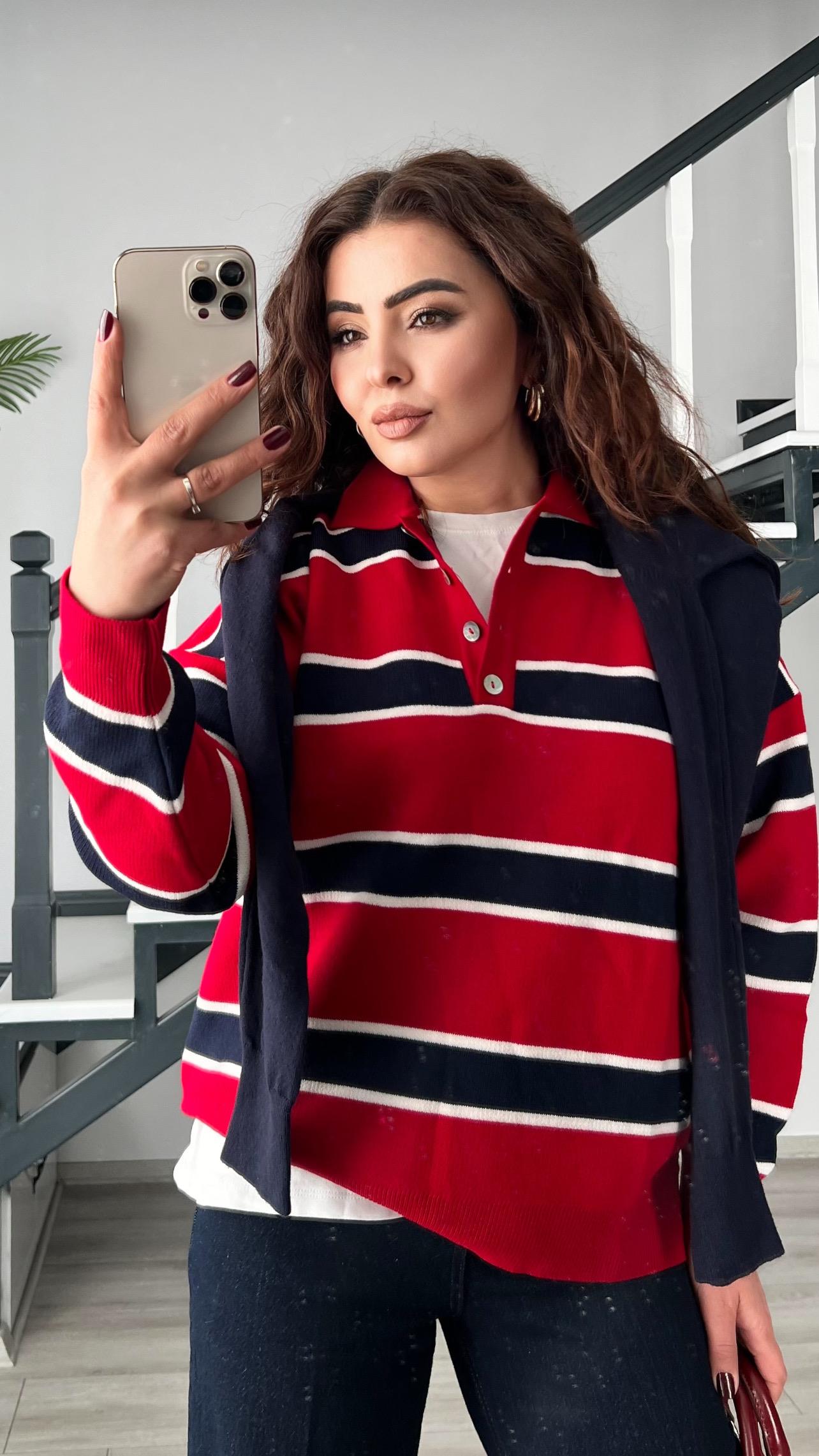 Red and Navy Striped Polo Collar Knit Sweater