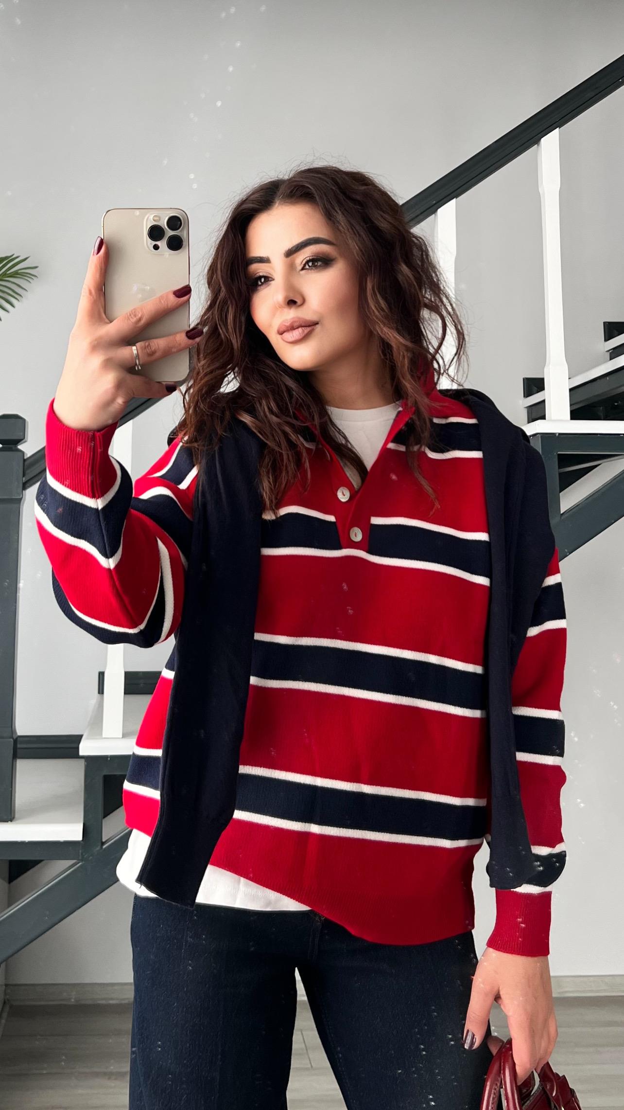 Red and Navy Striped Polo Collar Knit Sweater