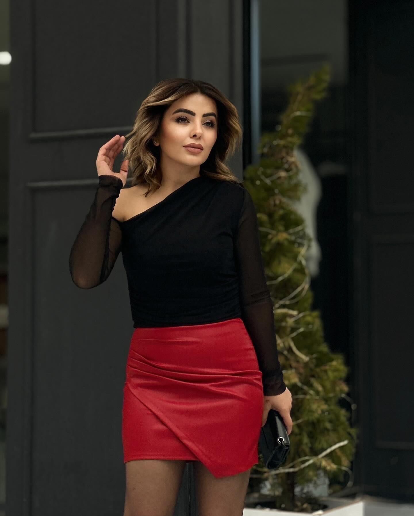 Red Mini Draped Leather Skirt