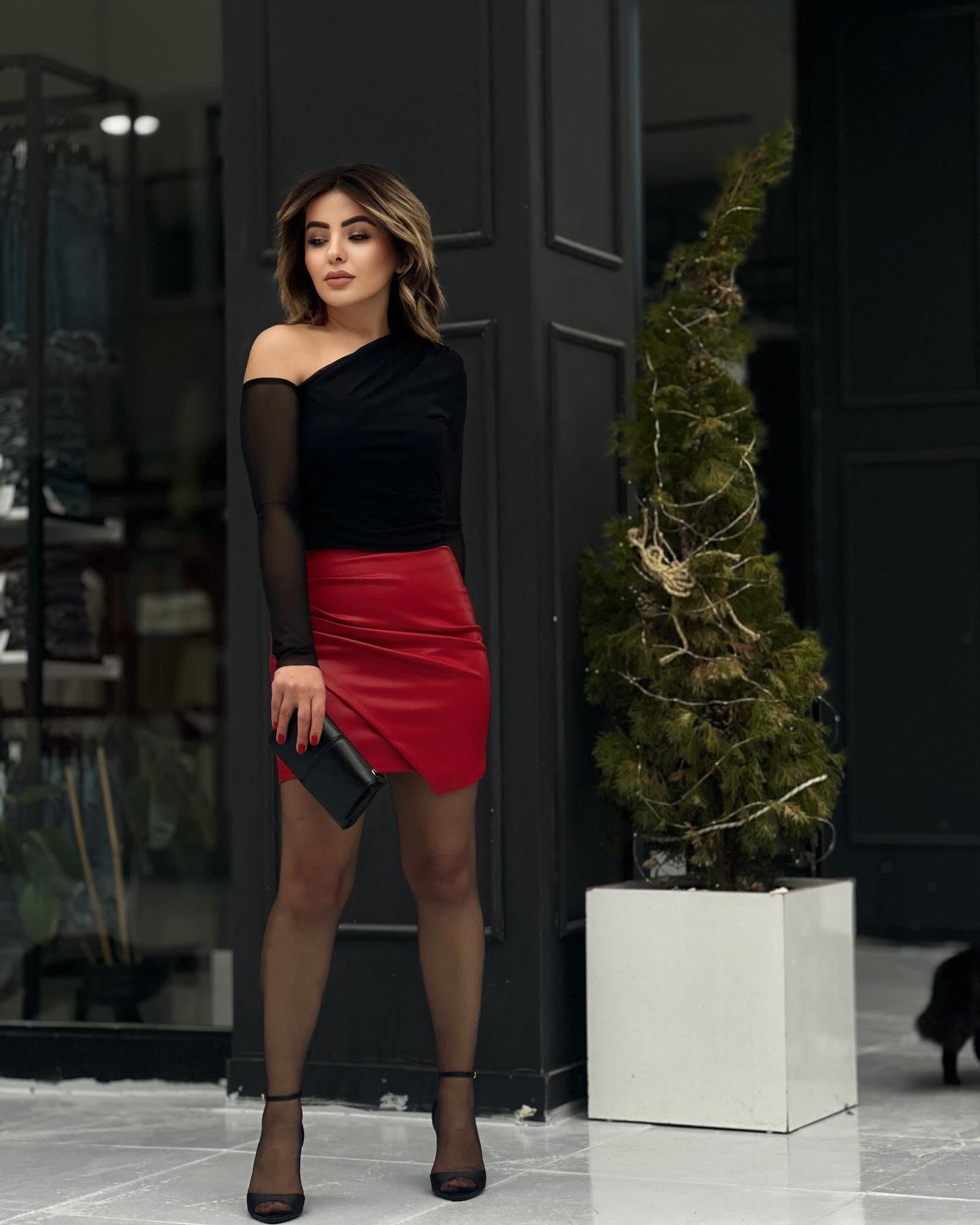 Red Mini Draped Leather Skirt