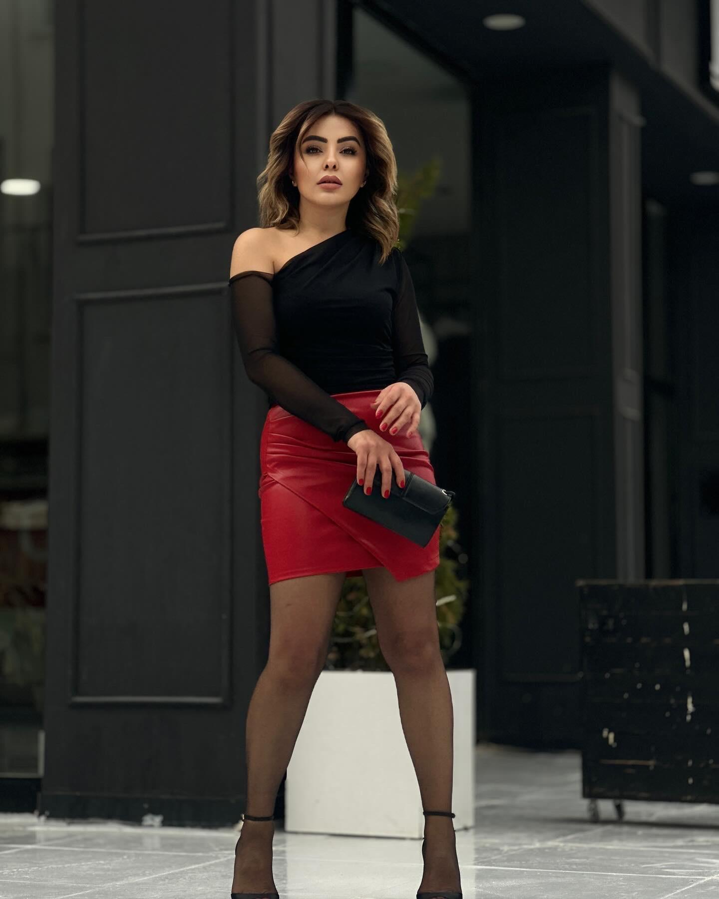 Red Mini Draped Leather Skirt