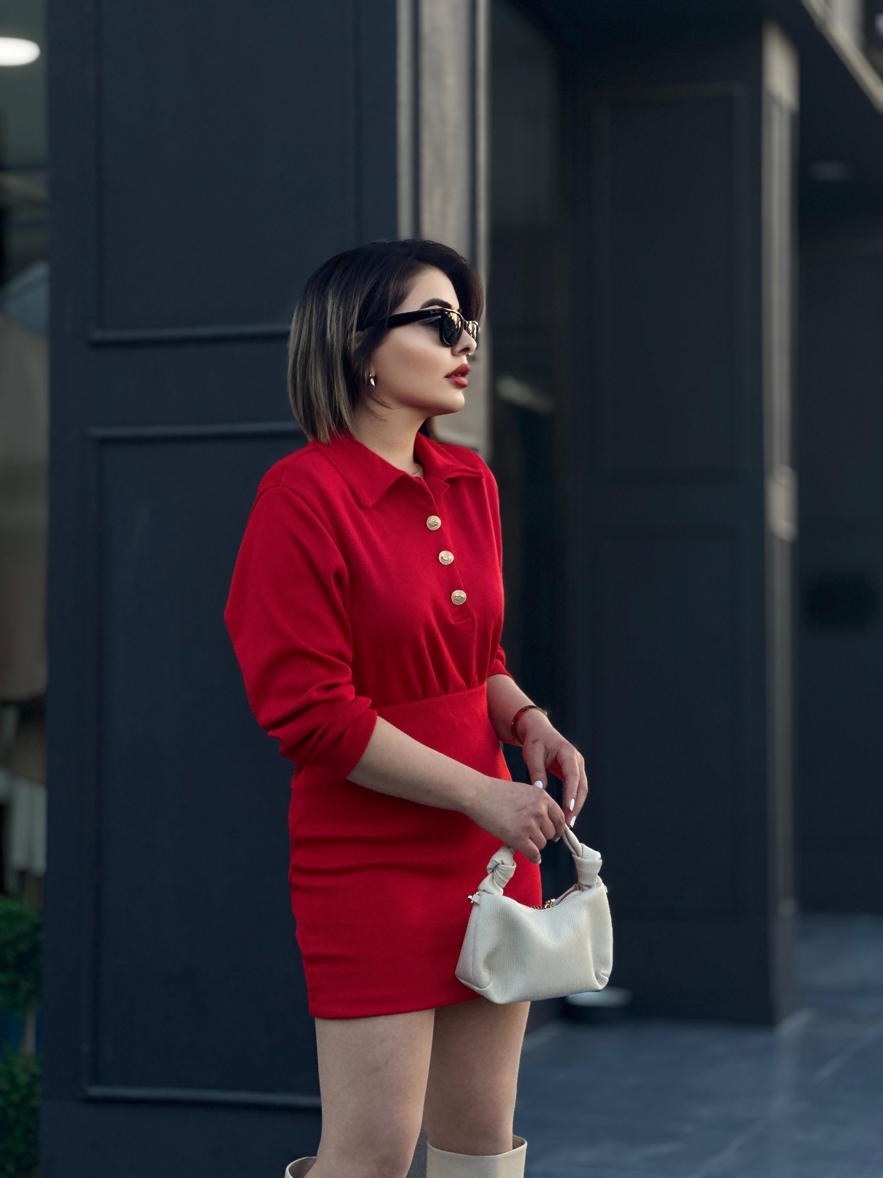 Red Polo Collar Steel Knit Suit with Gold Button Detail