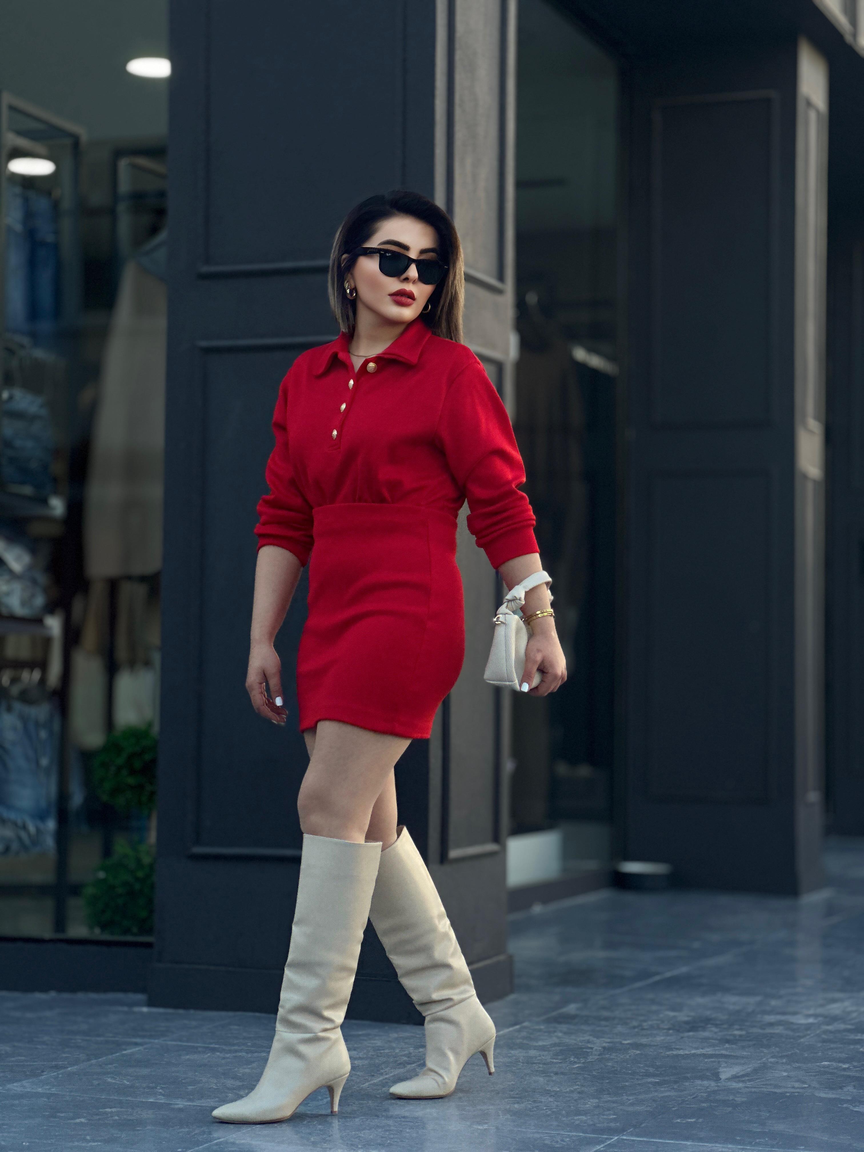 Red Polo Collar Steel Knit Suit with Gold Button Detail